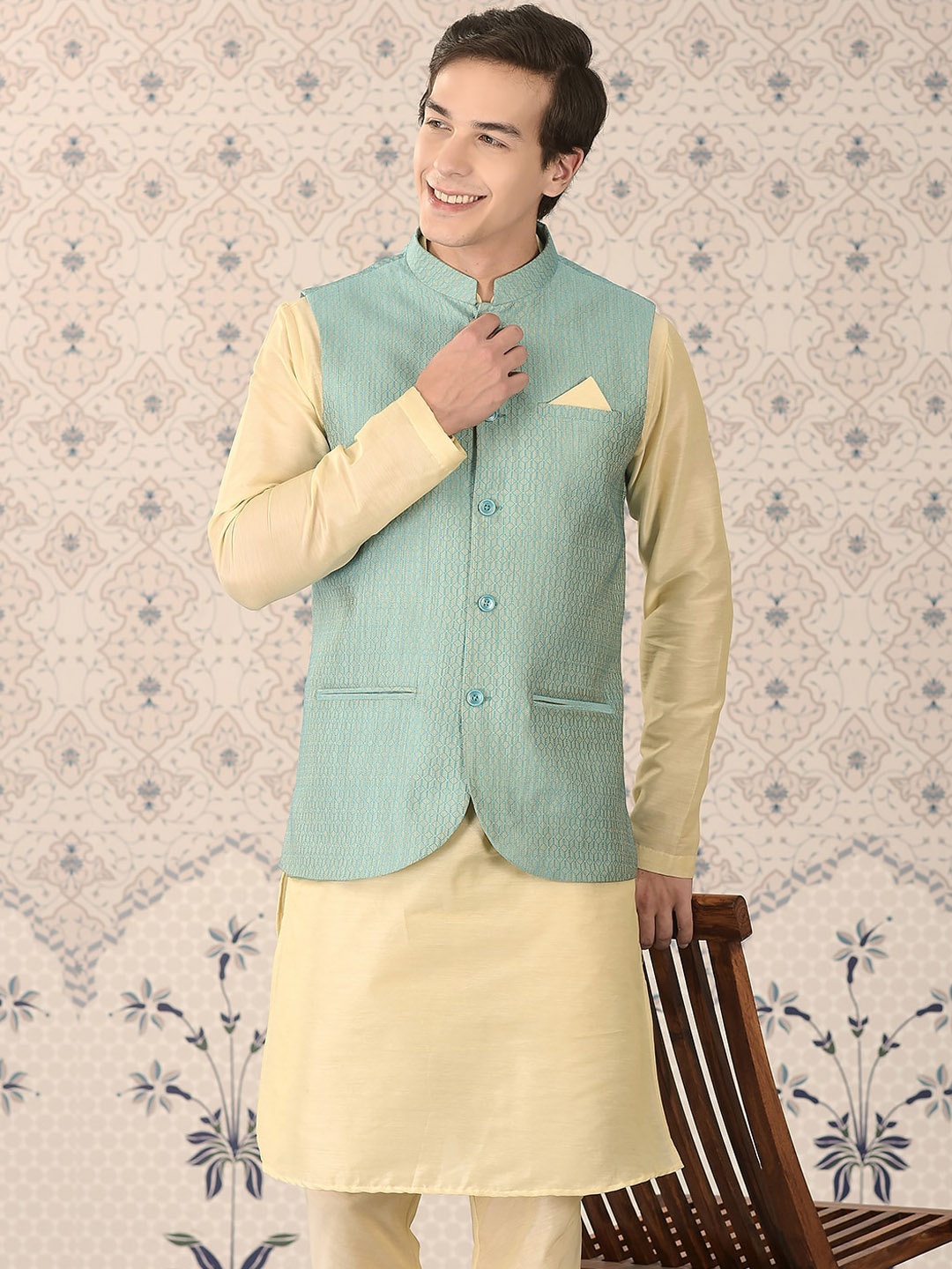 

Ode by House of Pataudi Woven Design Nehru Jackets, Blue