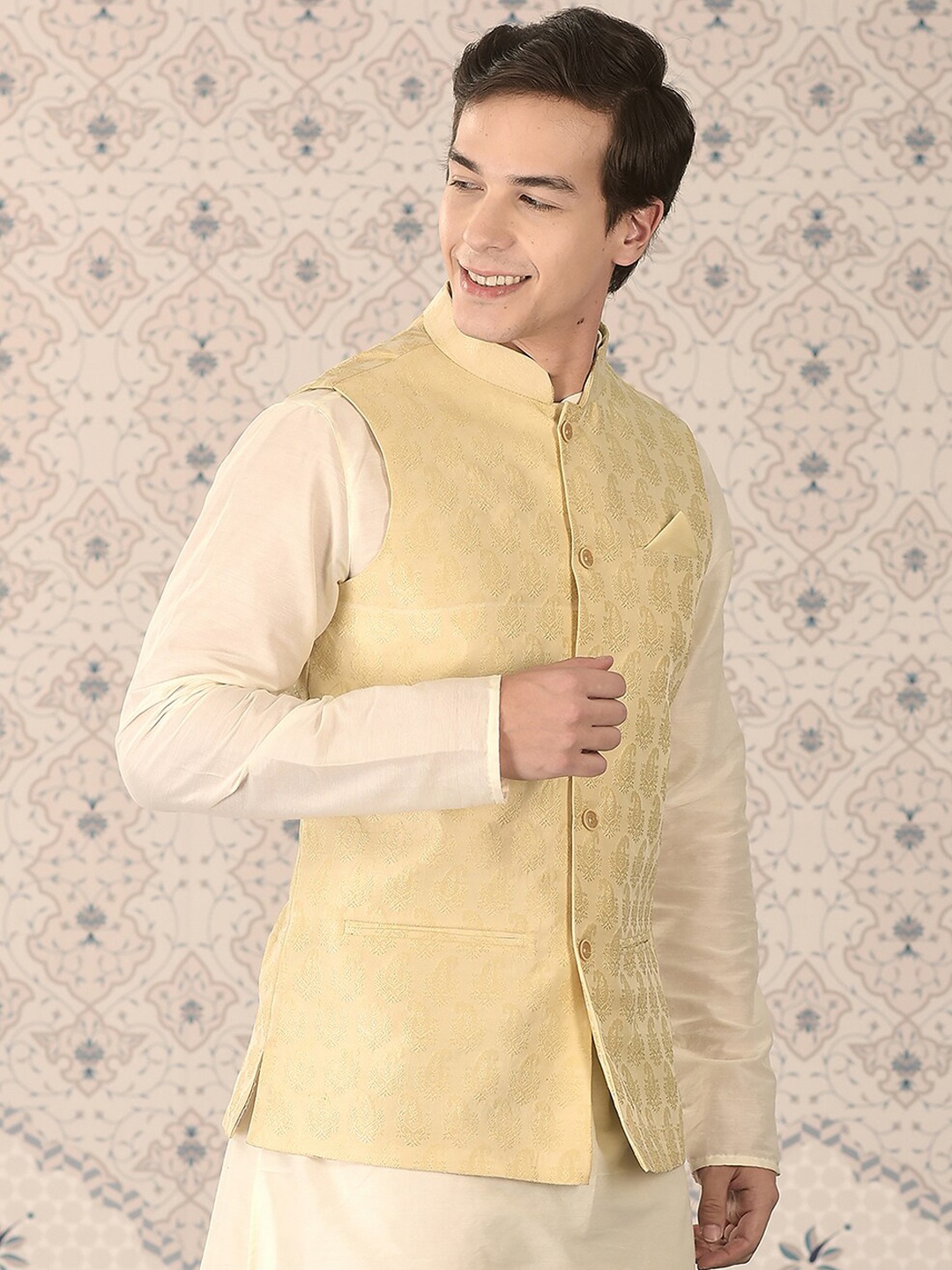 

Ode by House of Pataudi Woven Design Nehru Jackets, Cream