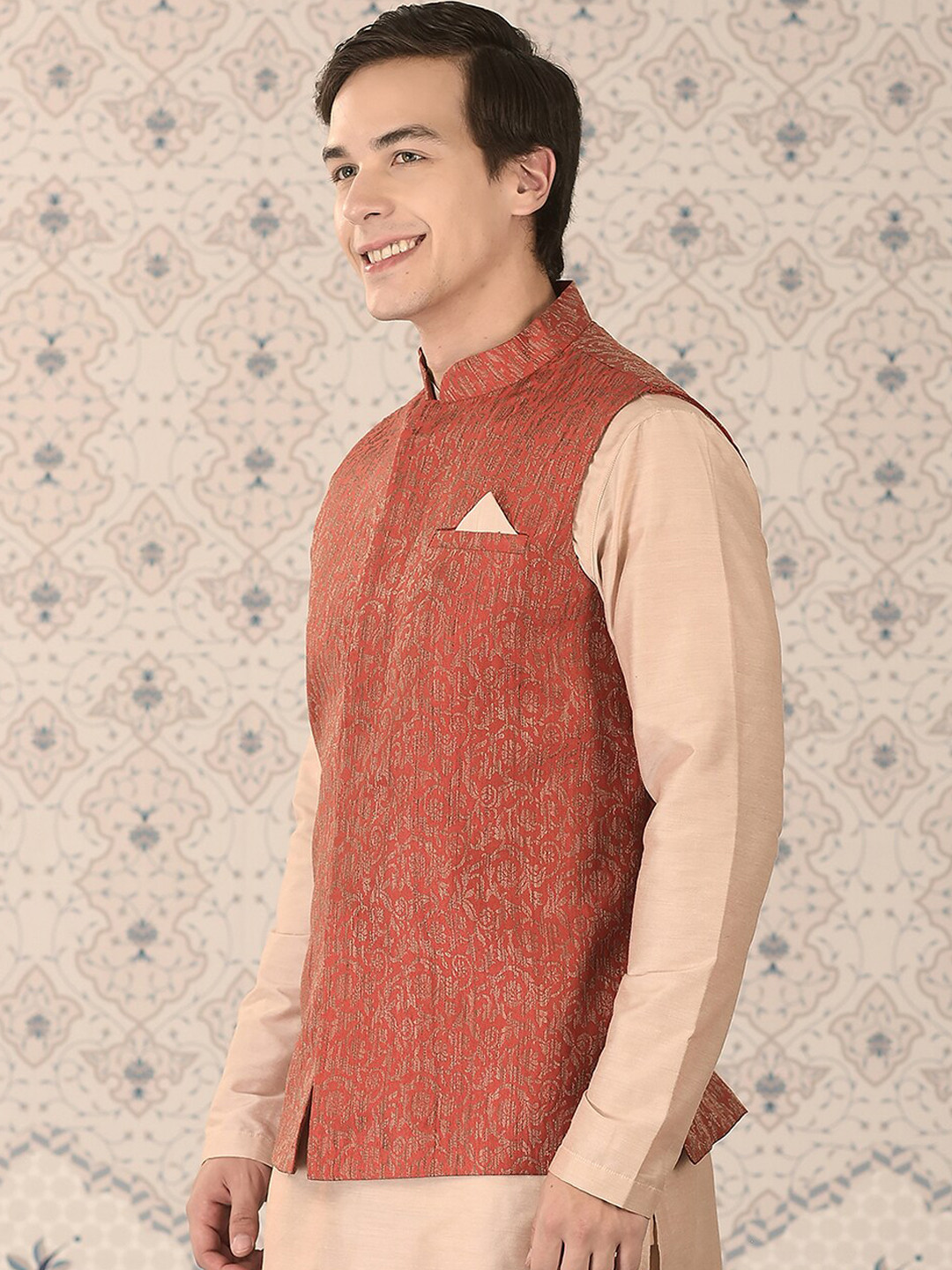 

Ode by House of Pataudi Red Woven Design Mandarin Collar Nehru Jacket