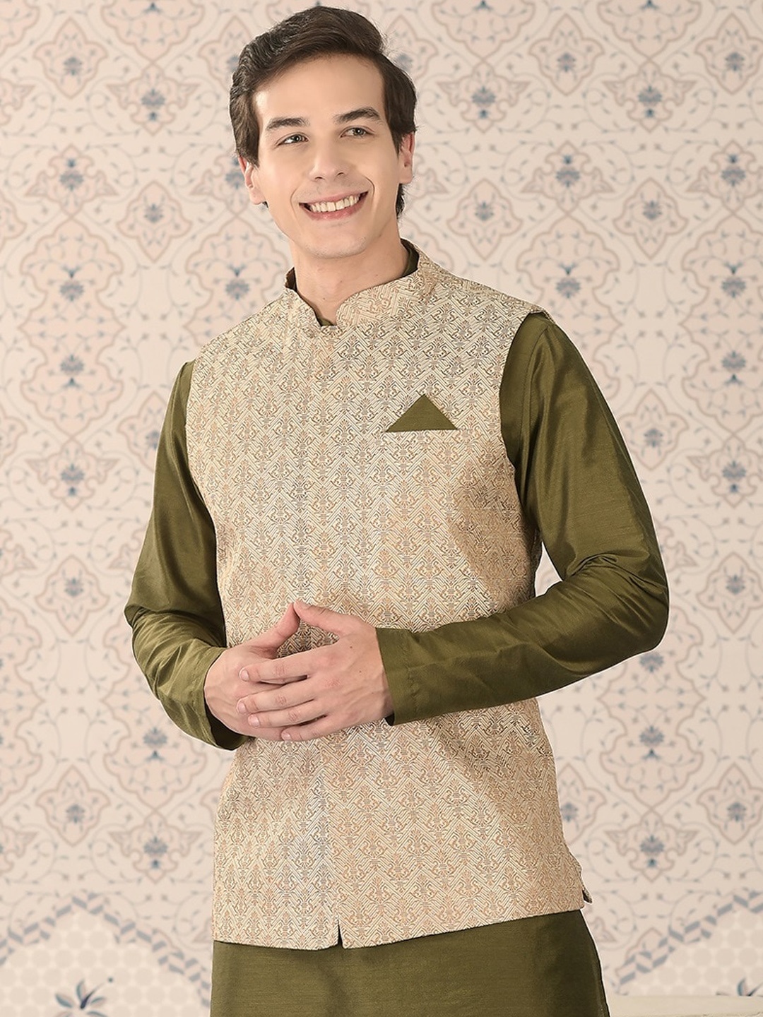

Ode by House of Pataudi Cream Woven Design Mandarin Collar Nehru Jacket