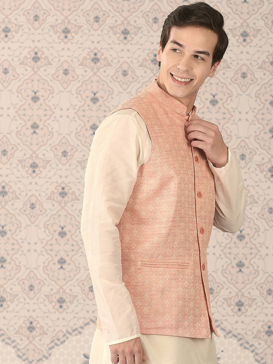

Ode by House of Pataudi Woven Design Nehru Jacket, Peach