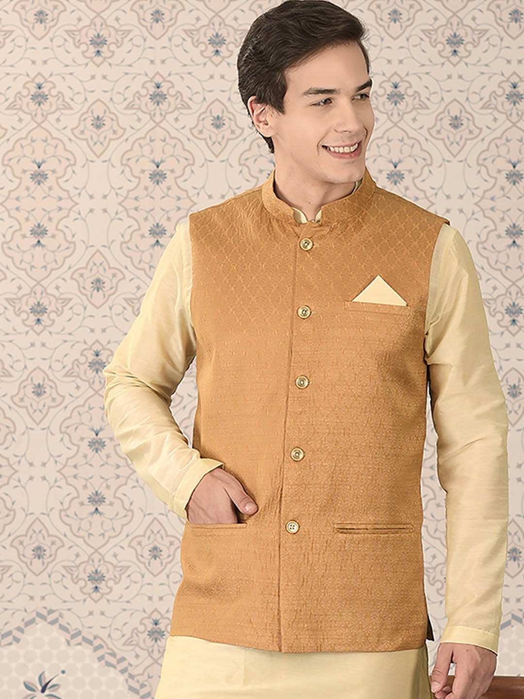 

Ode by House of Pataudi Mustard Yellow Woven Design Mandarin Collar Nehru Jacket