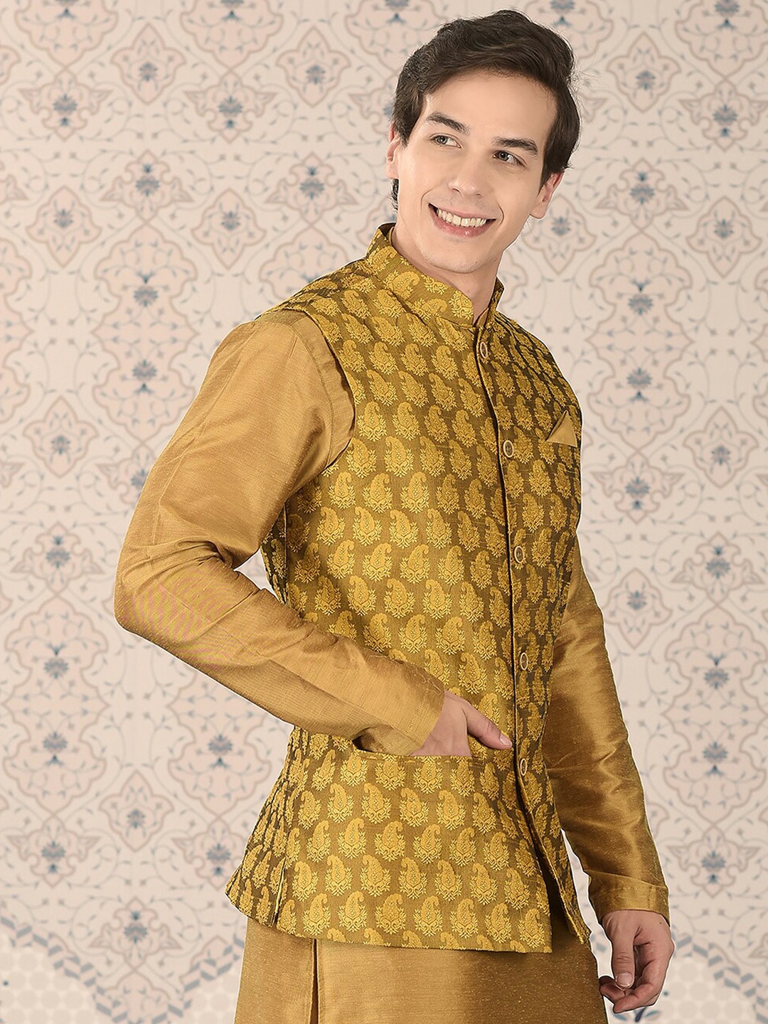 

Ode by House of Pataudi Mustard Yellow Woven Design Mandarin Collar Nehru Jacket