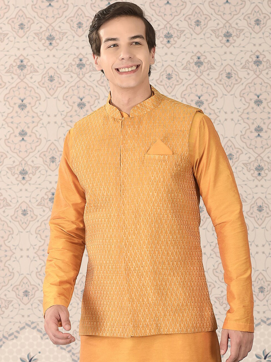 

Ode by House of Pataudi Woven Design Nehru Jacket, Yellow