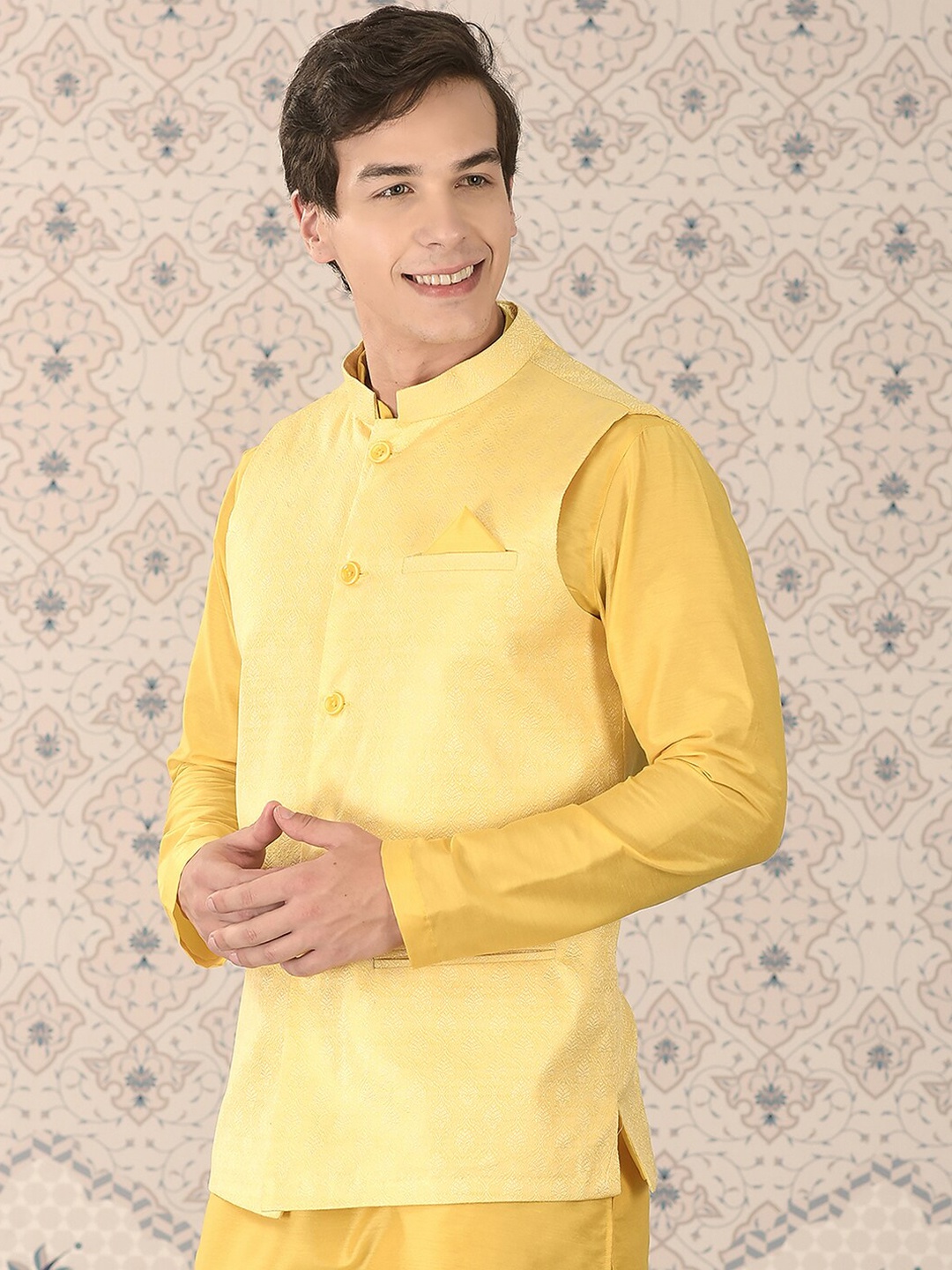 

Ode by House of Pataudi Yellow Woven Design Mandarin Collar Nehru Jacket