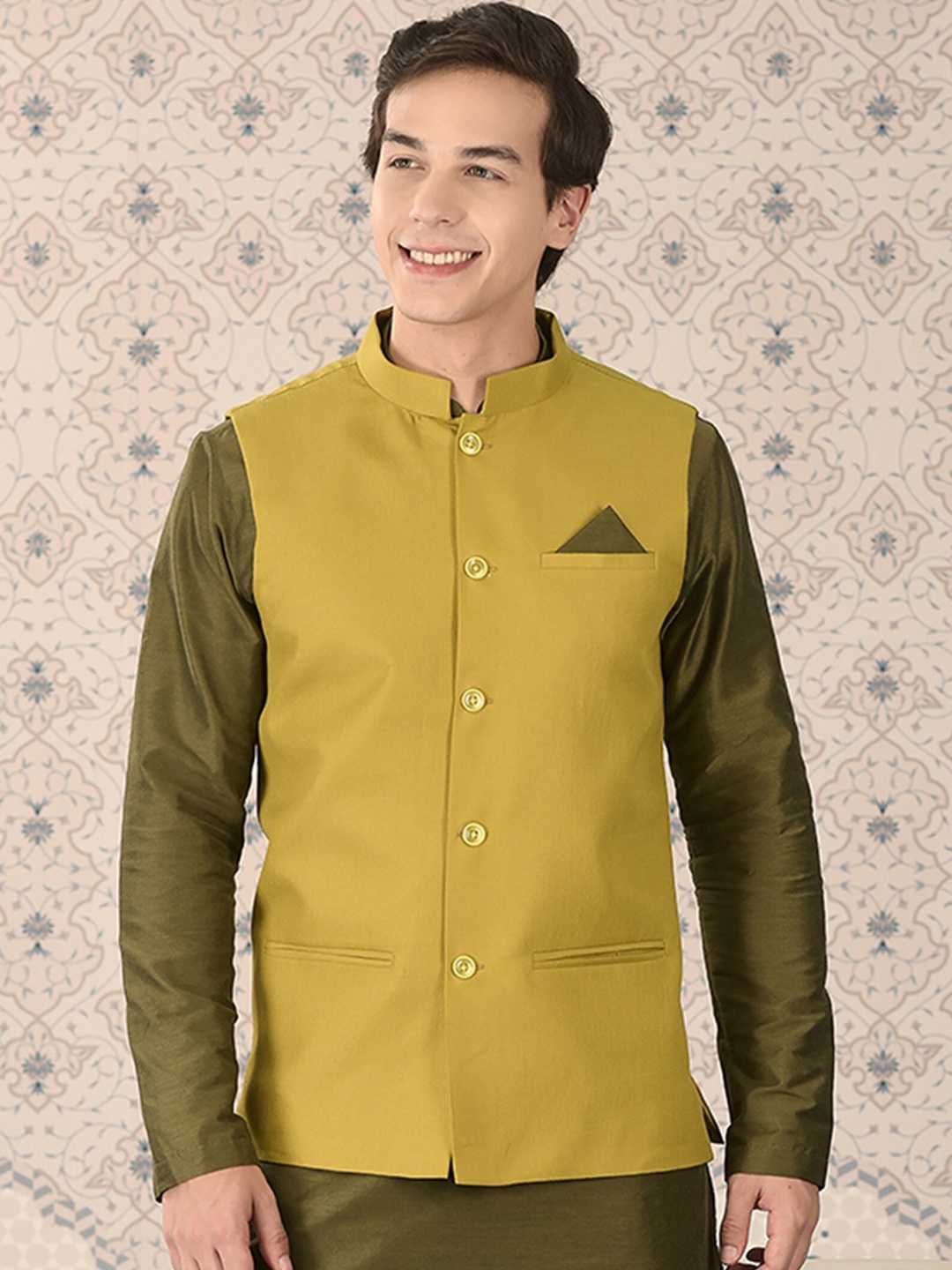 

Ode by House of Pataudi Green Woven Design Mandarin Collar Nehru Jacket