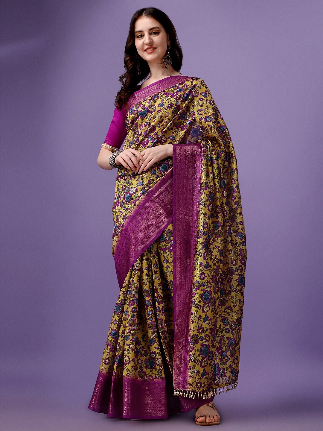 

SUTRAM Kalamkari Zari Cotton Blend Saree With Blouse Piece, Purple