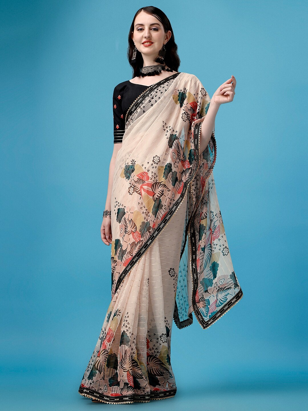 SUTRAM Floral Sequinned Silk Blend Saree With Blouse Piece, Beige