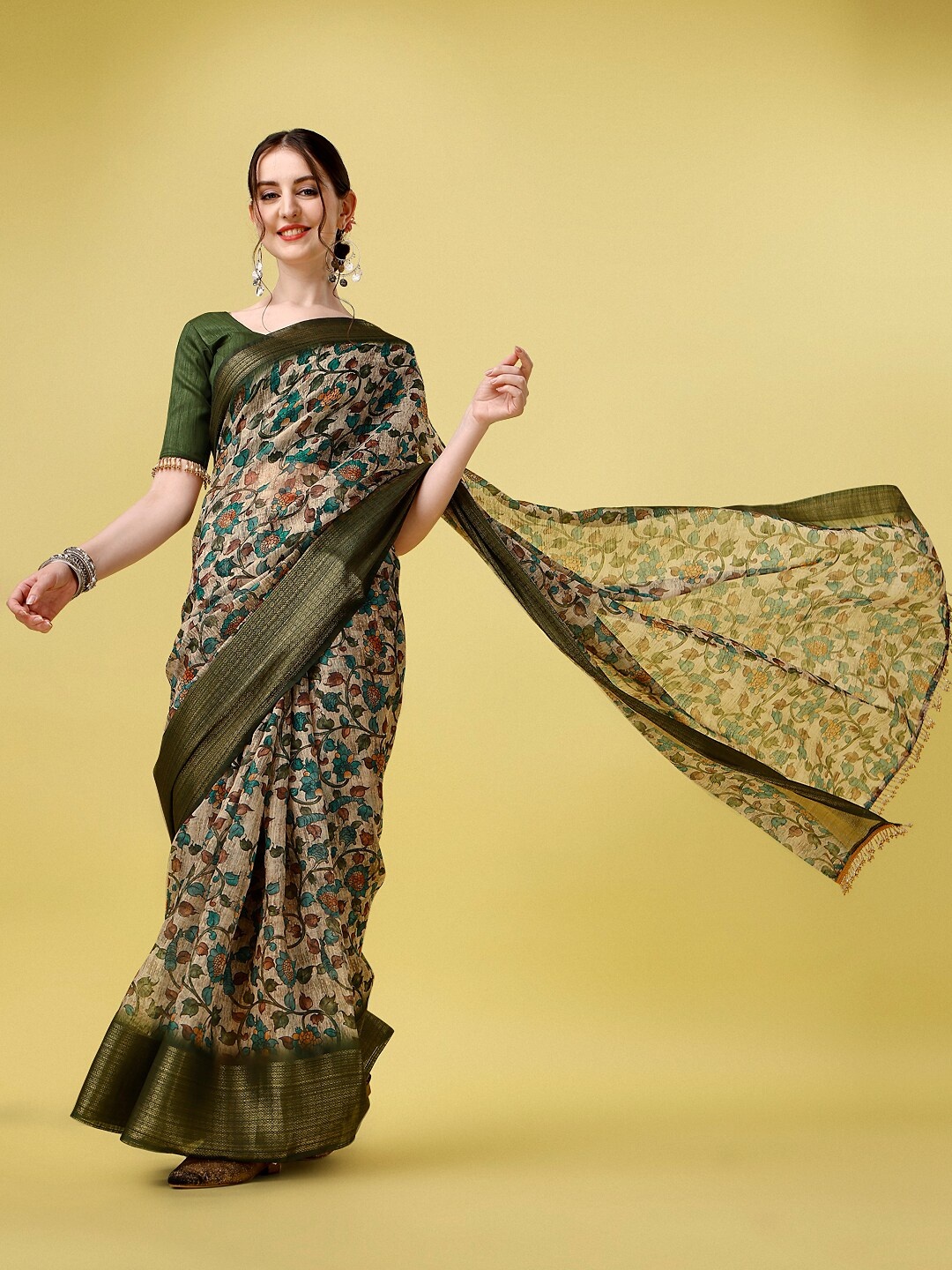 

SUTRAM Kalamkari Zari Cotton Blend Chanderi Saree With Blouse Piece, Green