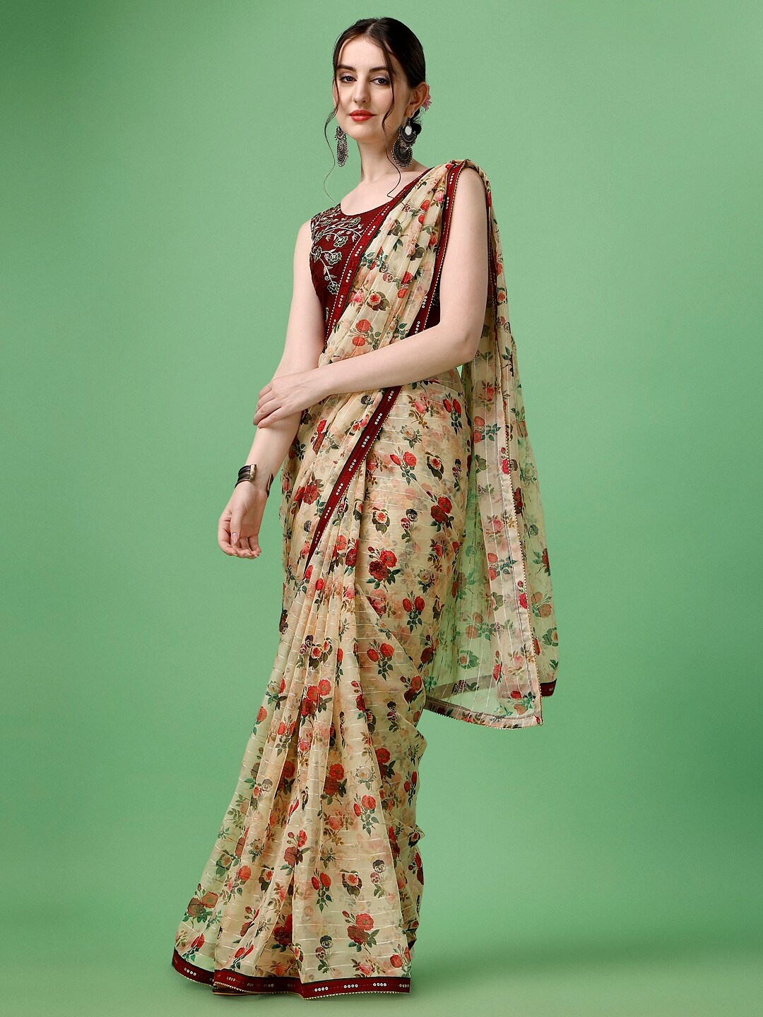 SUTRAM Floral Sequinned Silk Blend Saree With Blouse Piece, Beige