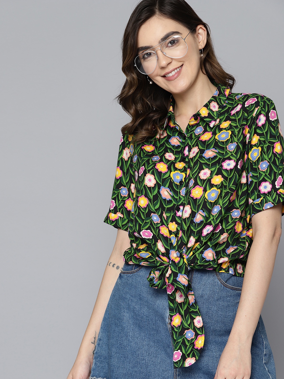 

Mast & Harbour Waist Tie-Ups Floral Print Top, Green