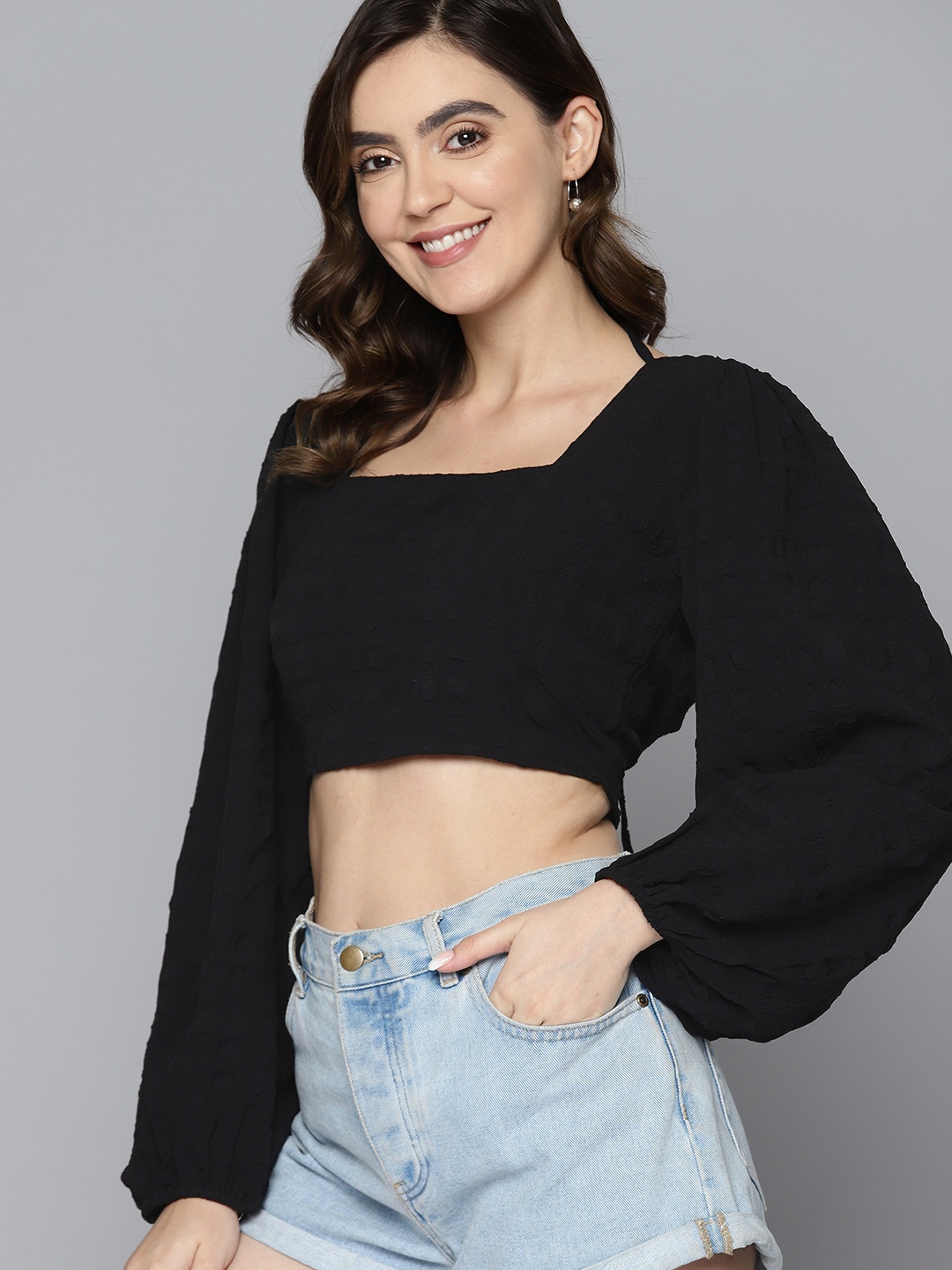 

Mast & Harbour Tie-Up Neck Puff Sleeve Crop Top, Black