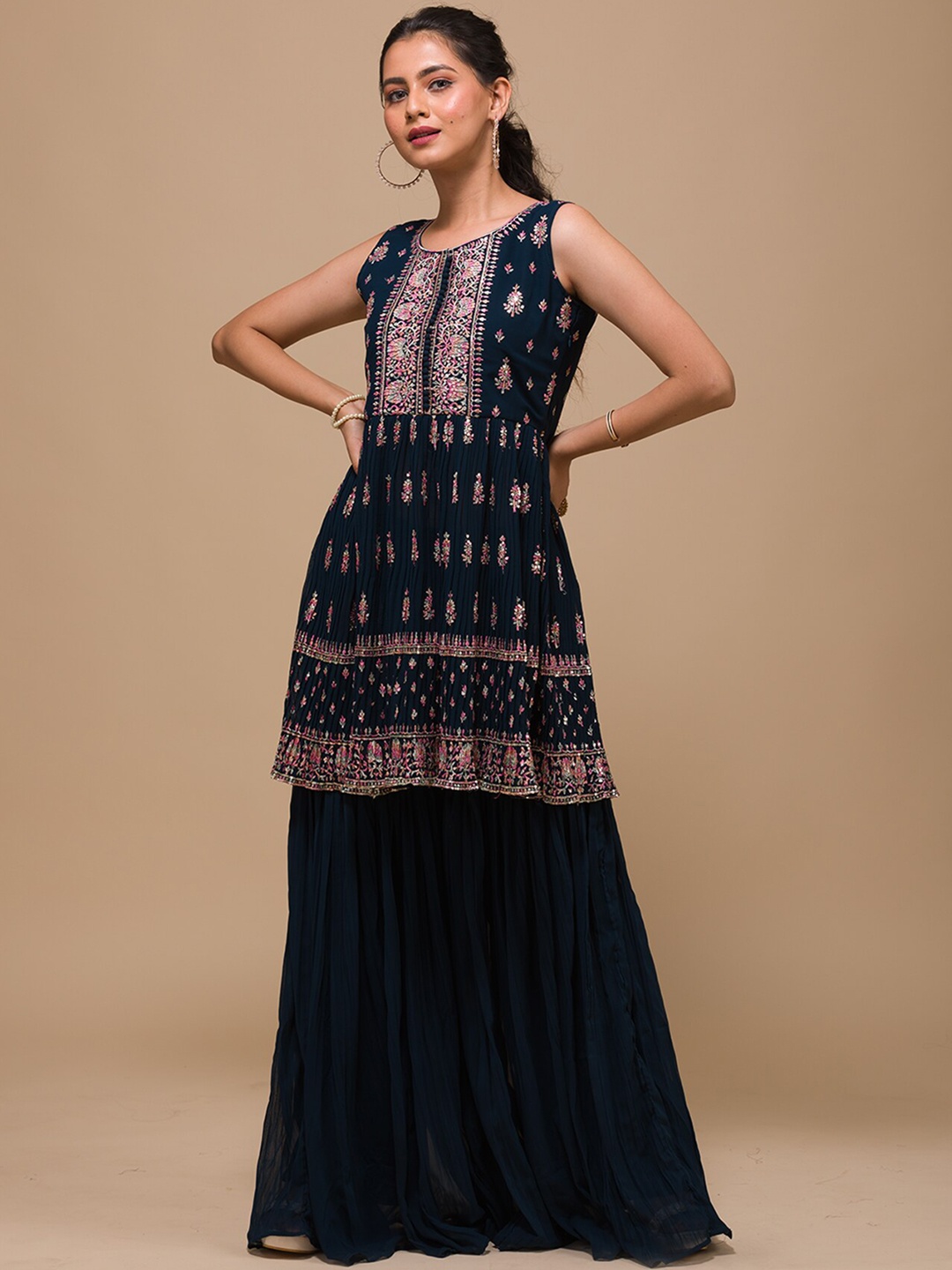 Koskii Ethnic Motifs Embroidered Sequined Kurti with Sharara & Dupatta, Blue
