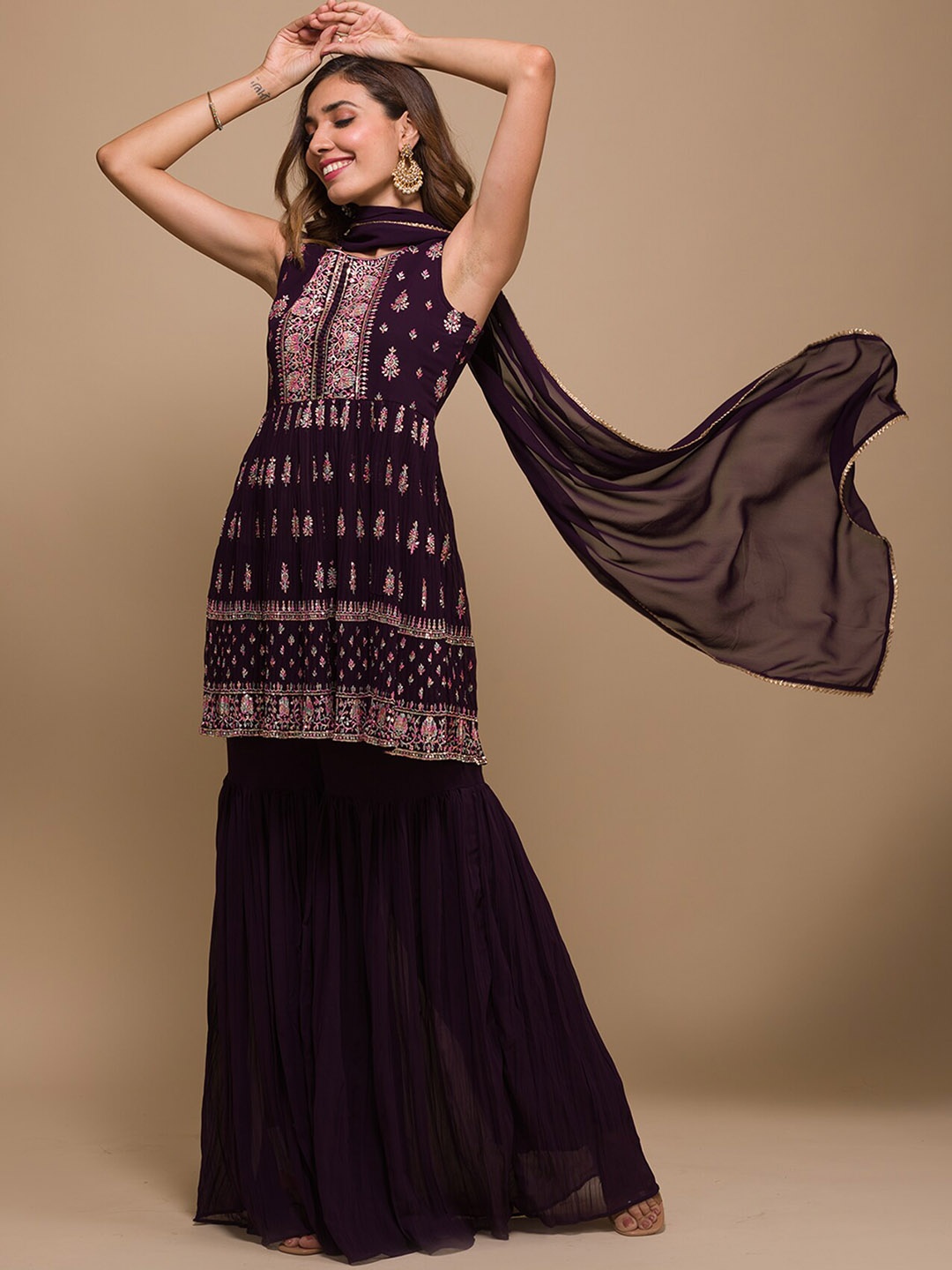 

Koskii Ethnic Motifs Embroidered Sequined Kurti with Sharara & Dupatta, Purple