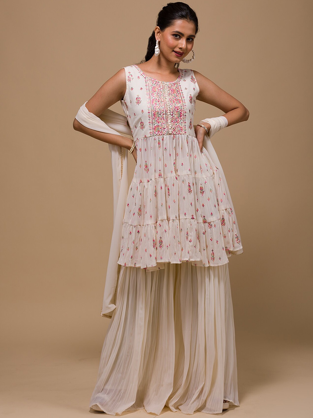 

Koskii Floral Embroidered Sequined Kurti with Sharara & Dupatta, White