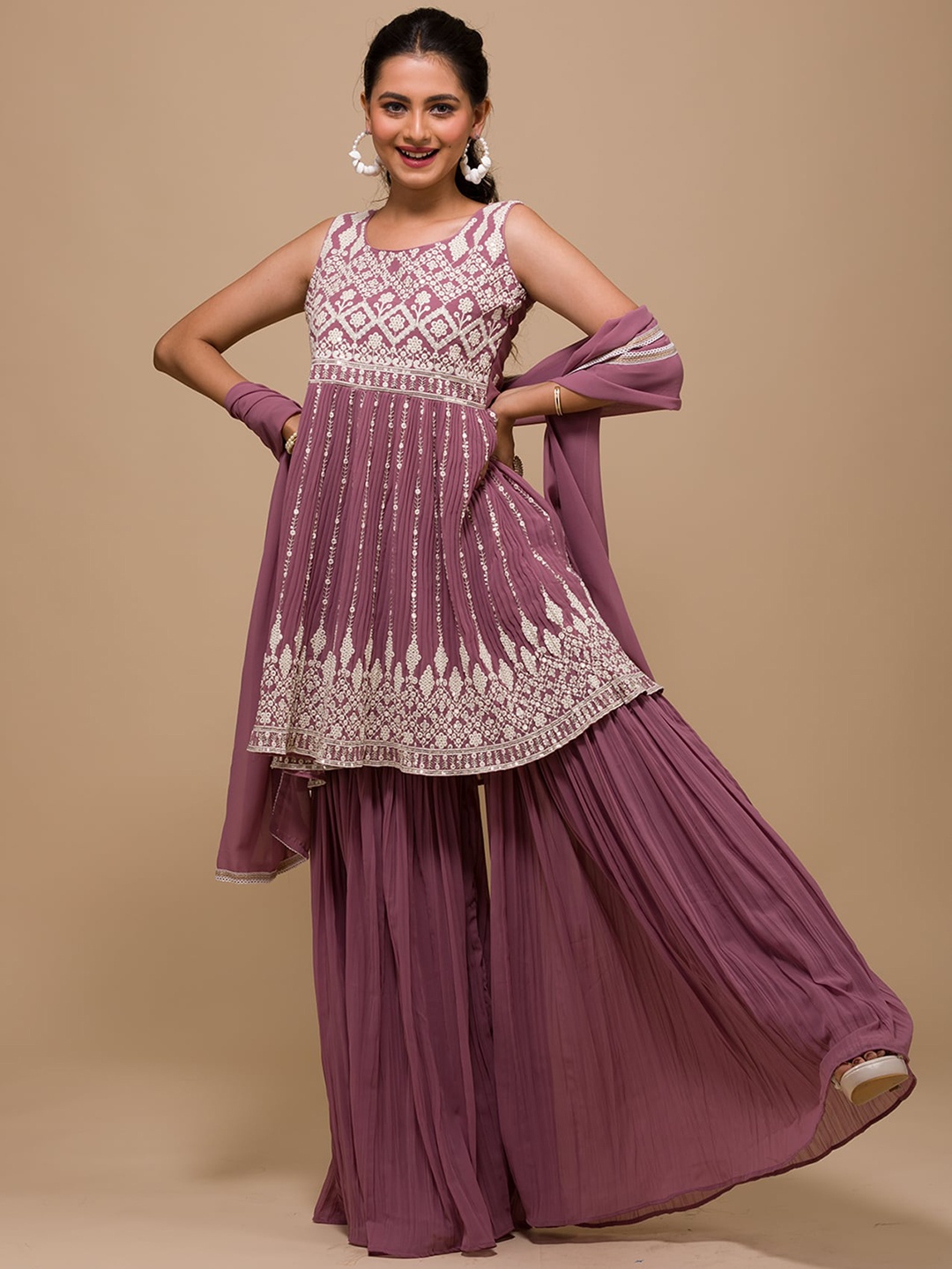 

Koskii Ethnic Motifs Embroidered Sequined Kurti with Sharara & Dupatta, Mauve