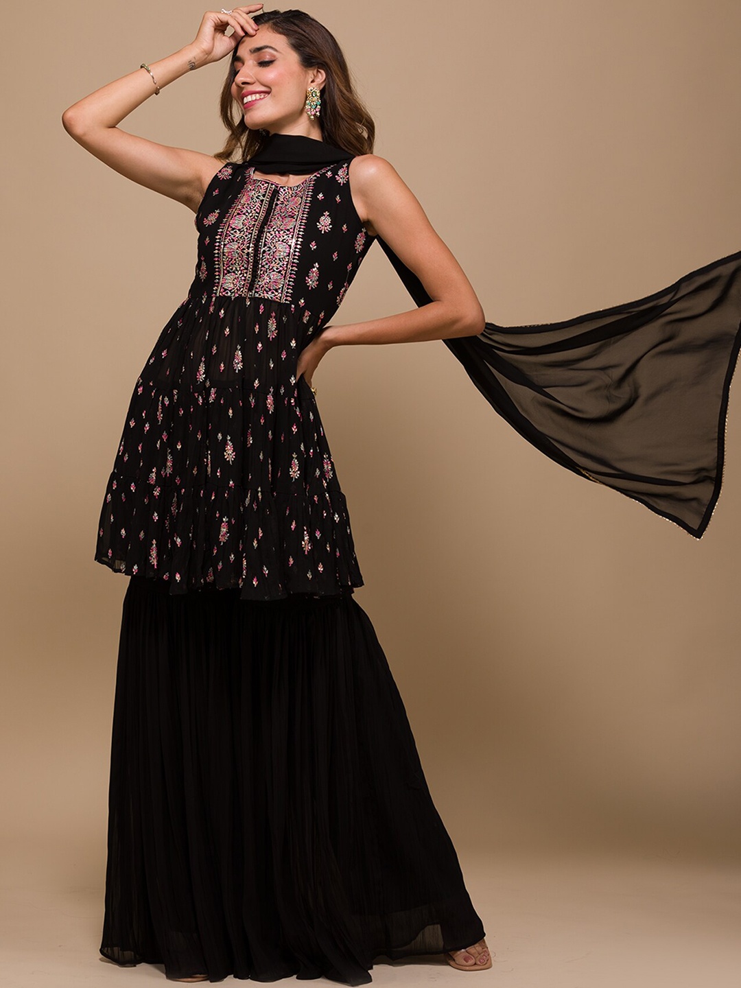 

Koskii Floral Embroidered Sequined Kurti with Sharara & Dupatta, Black