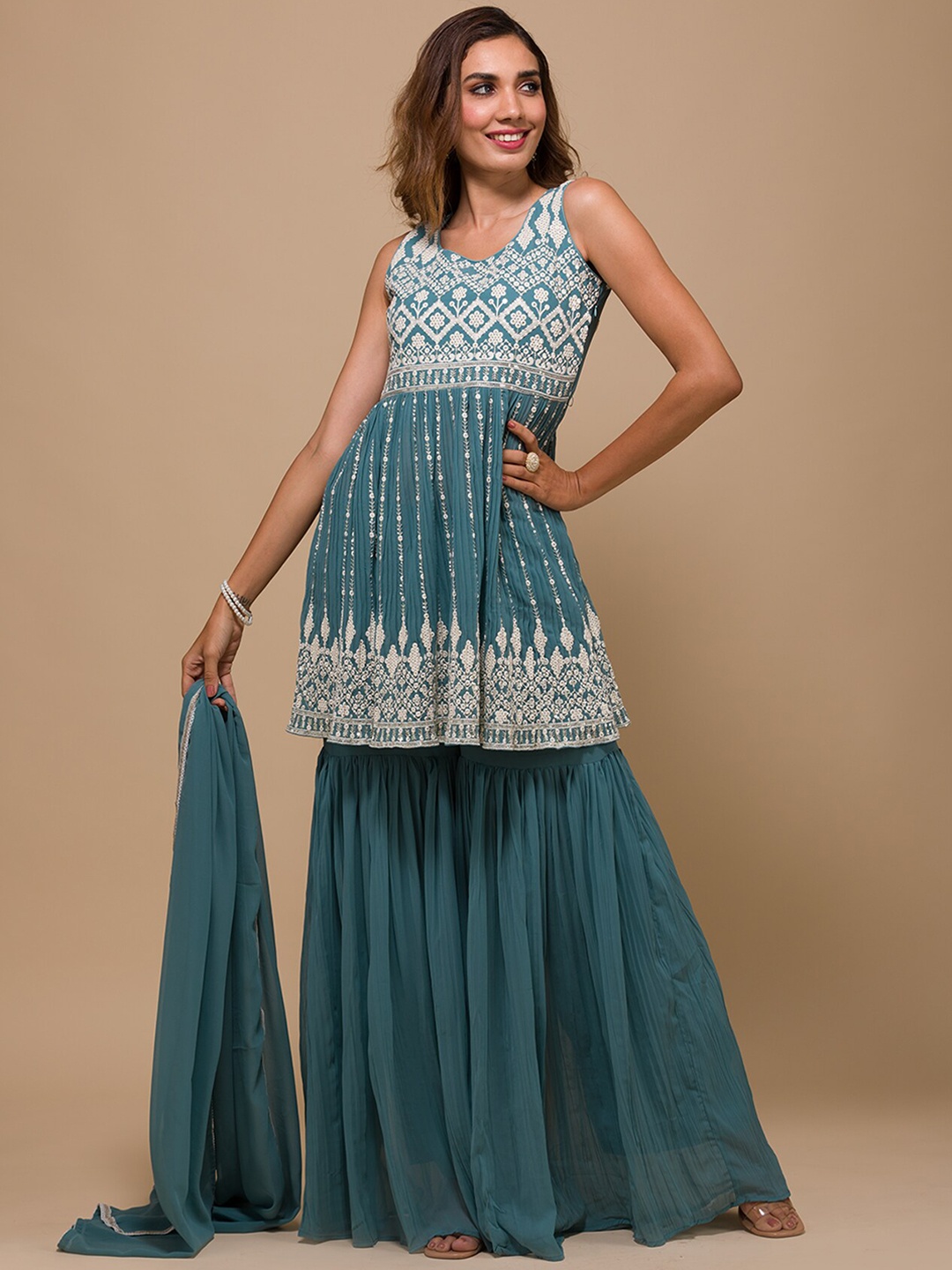 

Koskii Ethnic Motifs Embroidered Sequined Kurti with Sharara & Dupatta, Sea green