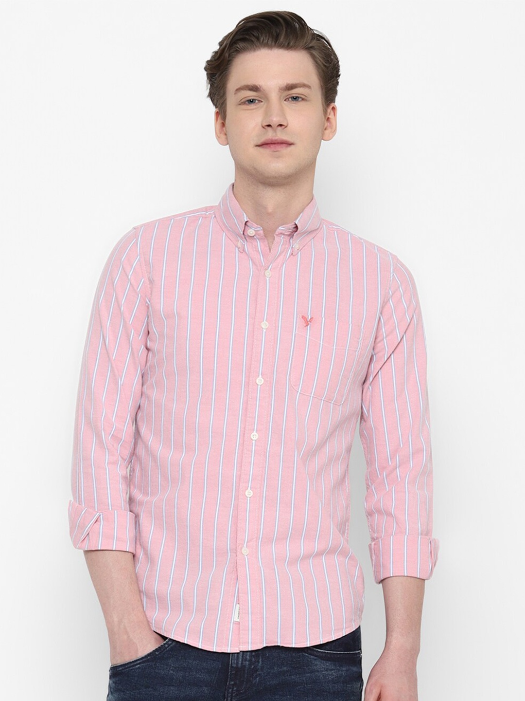 

AMERICAN EAGLE OUTFITTERS Men Pink Slim Fit Opaque Striped Casual Shirt