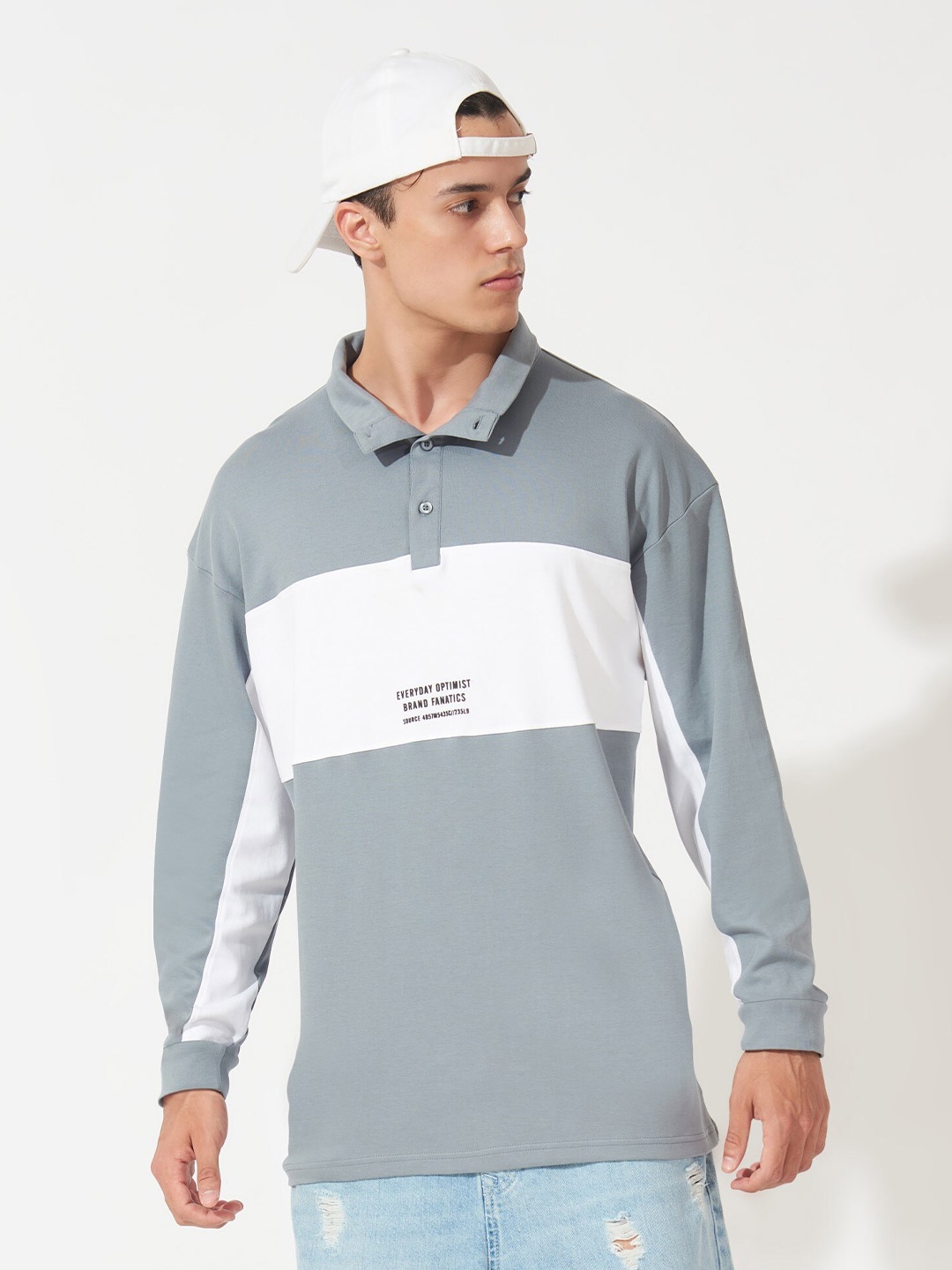 

Maniac Men Grey Colourblocked Polo Collar Applique Oversize T-shirt