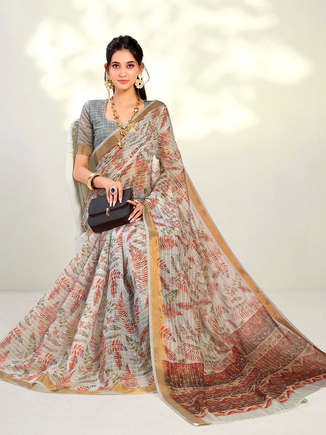 

Sangria Grey & Beige Floral Printed Zari Saree