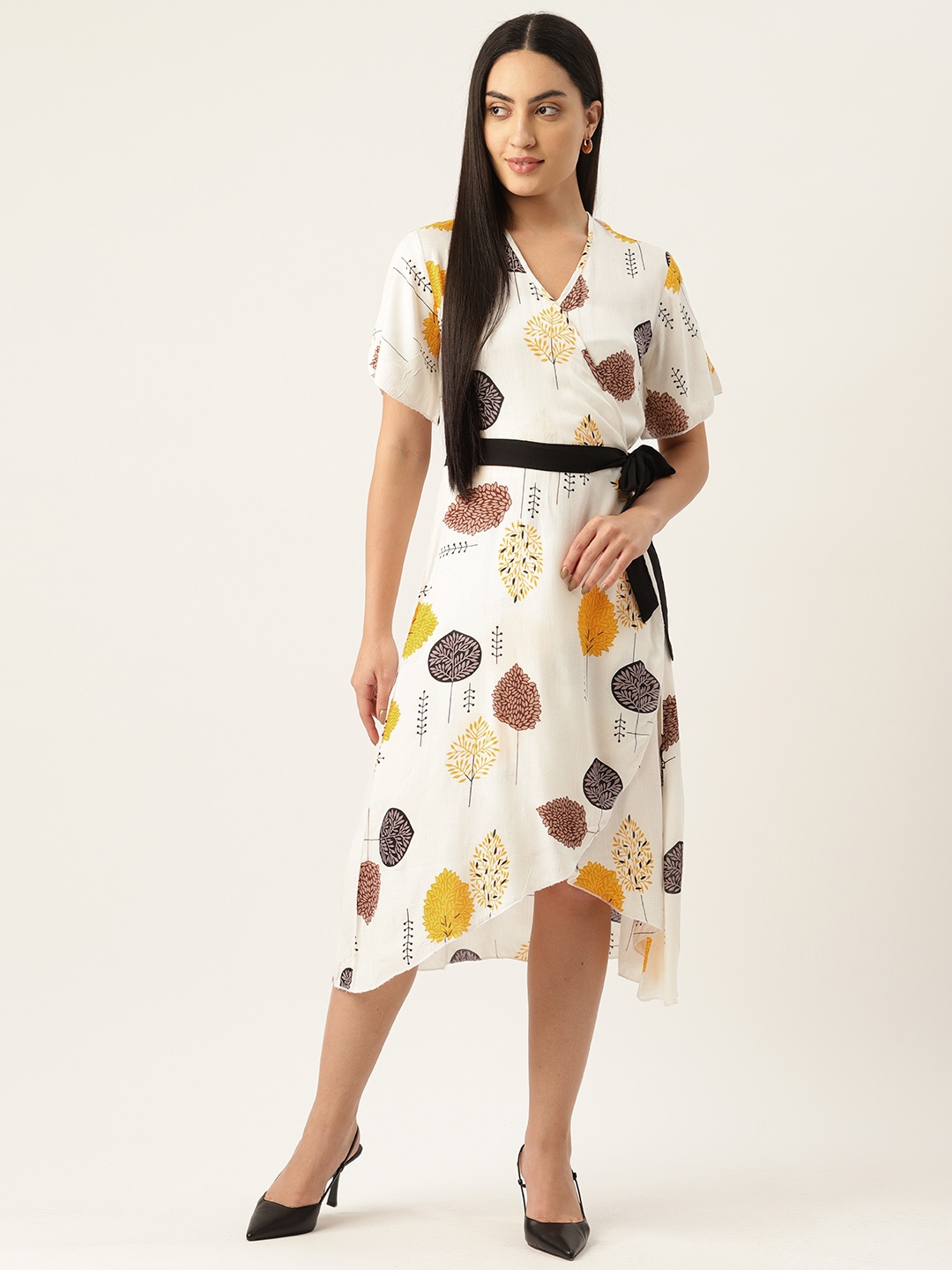 

Belle Fille Beige Floral Print Flared Sleeve Scuba A-Line Midi Dress