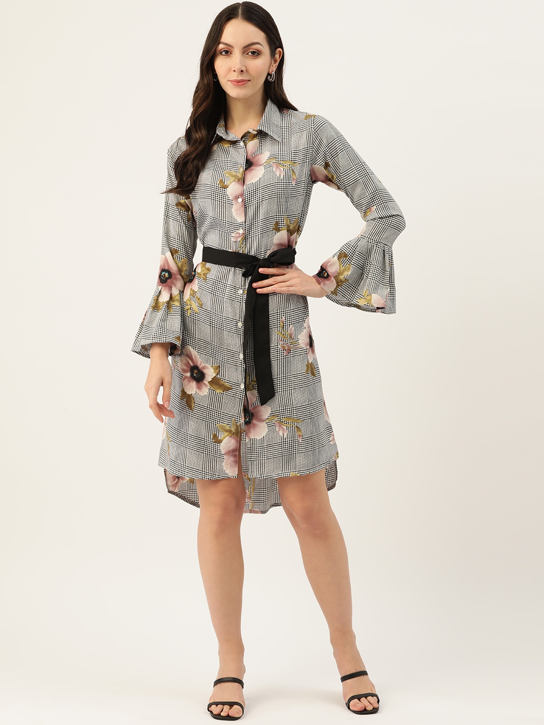 

Belle Fille Checked Floral Print Bell Sleeve Shirt Dress, Grey