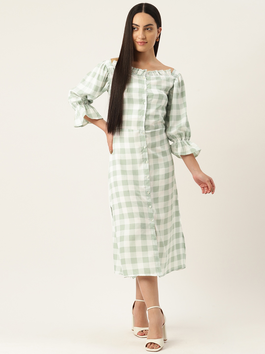 

Belle Fille Green Checked Puff Sleeve Crepe Bodycon Midi Dress