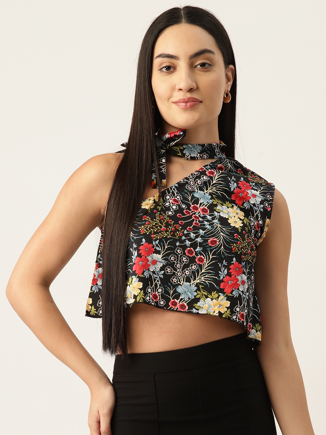 

Belle Fille Floral Print One Shoulder Crepe Crop Top, Black