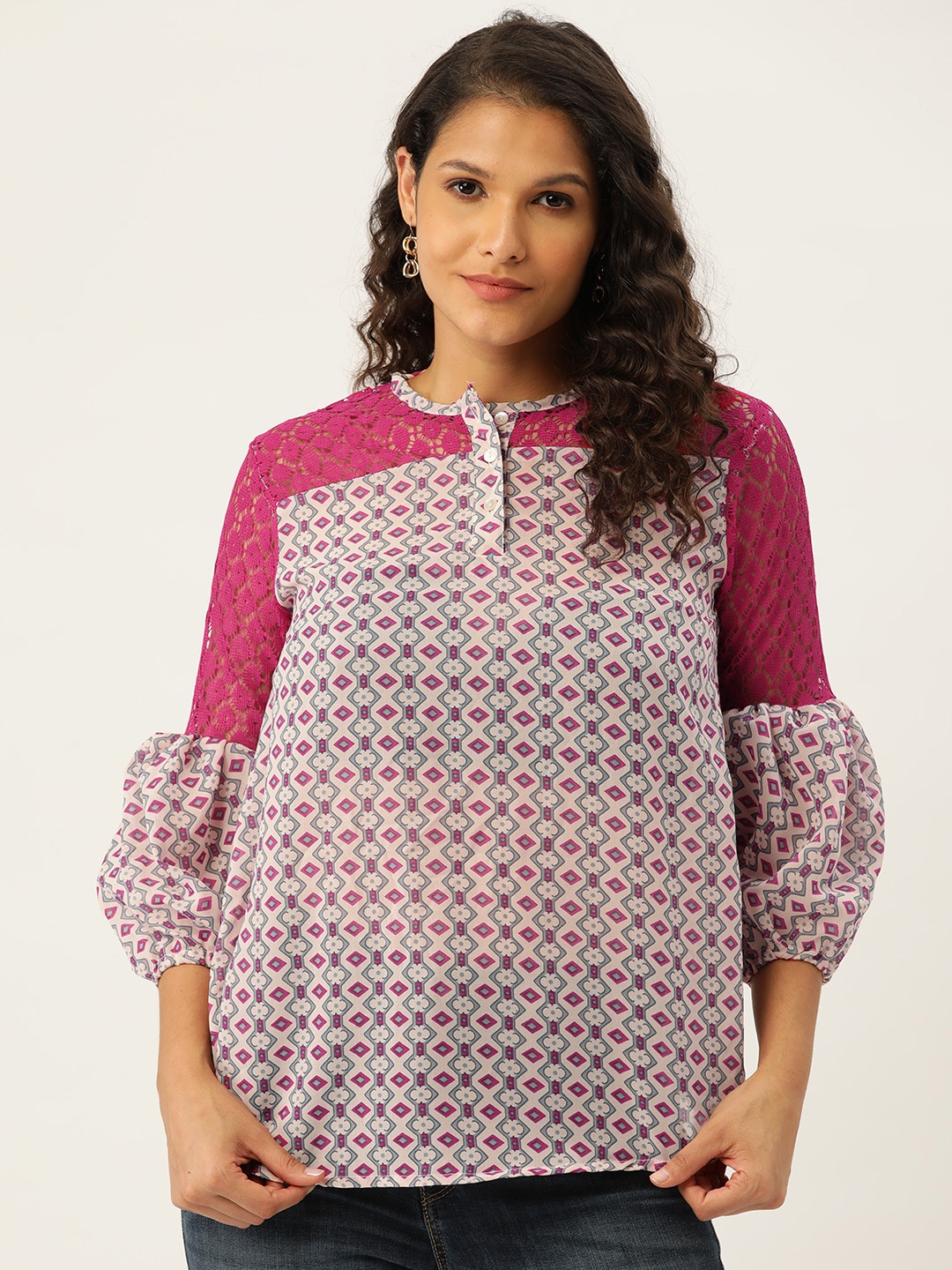 

Belle Fille White & Mauve Print Georgette Top