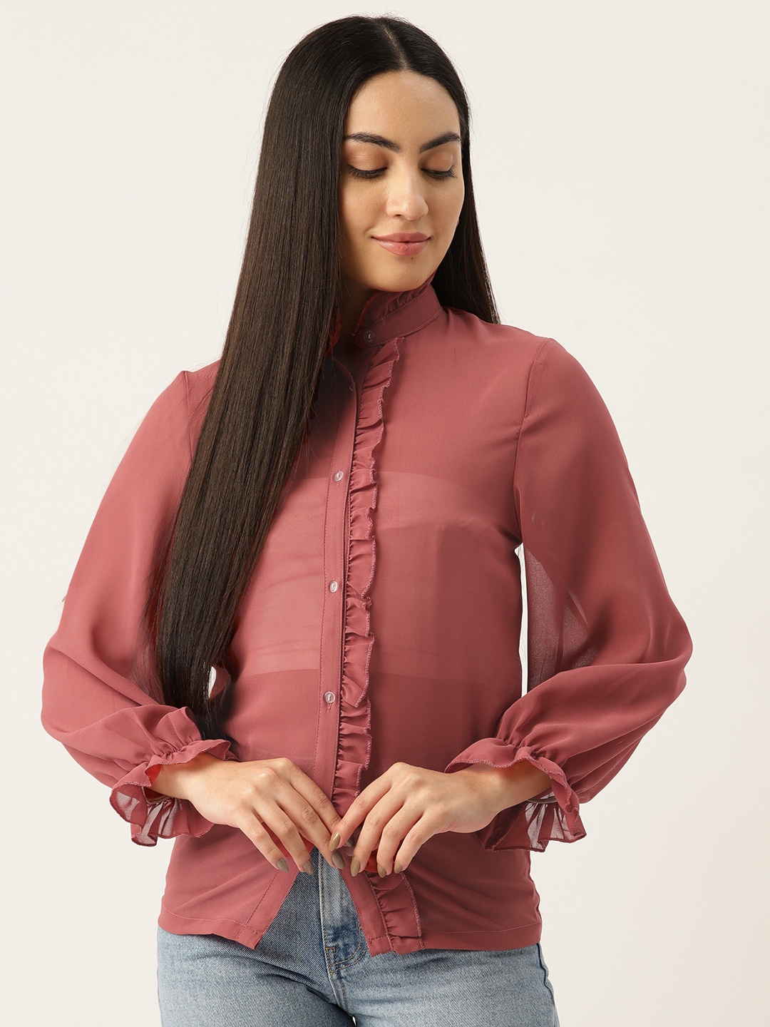 

Belle Fille Puff Sleeves Georgette Top With Ruffled Detail, Pink