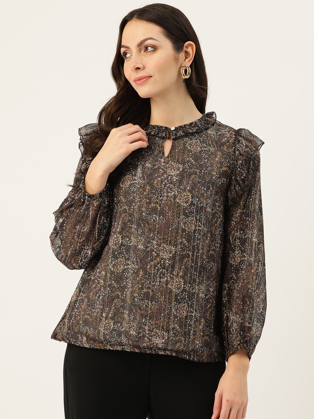 

Belle Fille Floral Print Puff Sleeve Top, Brown