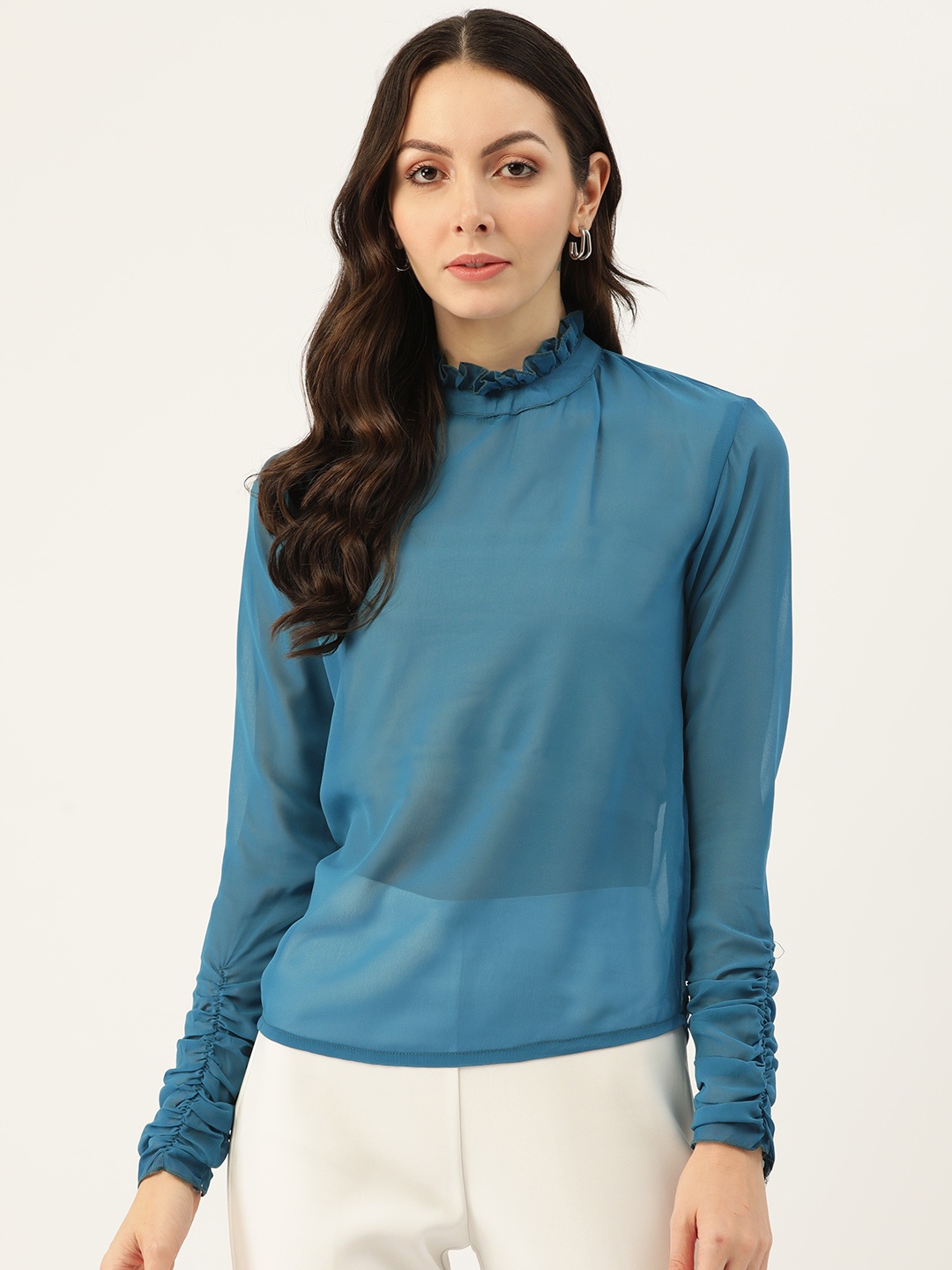 

Belle Fille High Neck Ruffle Detail Semi Sheer Top, Teal
