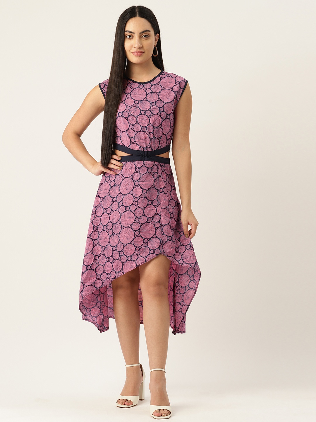 

Belle Fille Pink & Blue Floral Print Crepe A-Line Dress