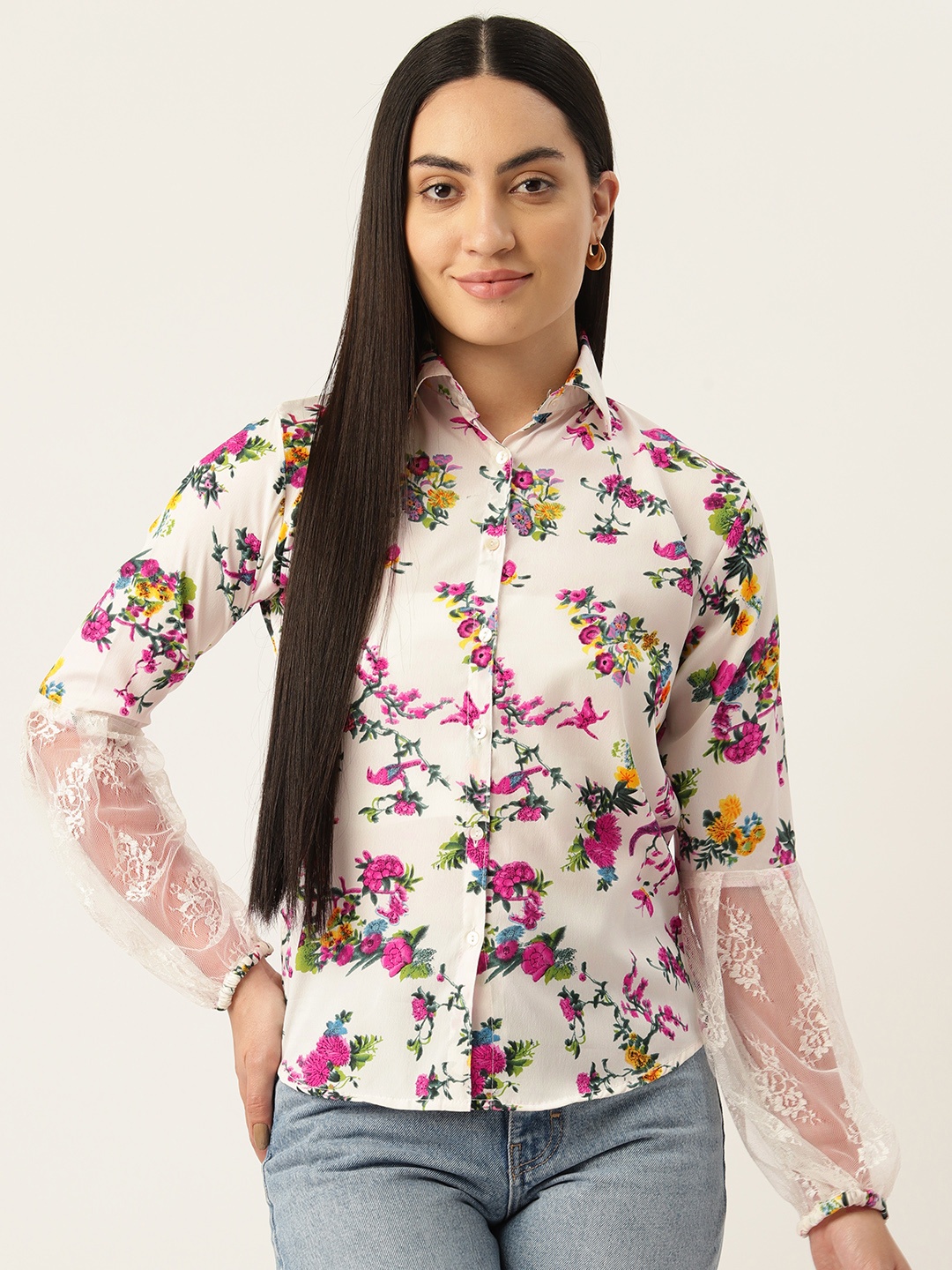 

Belle Fille Floral Print Puff Sleeves Crepe Shirt Style Top, White