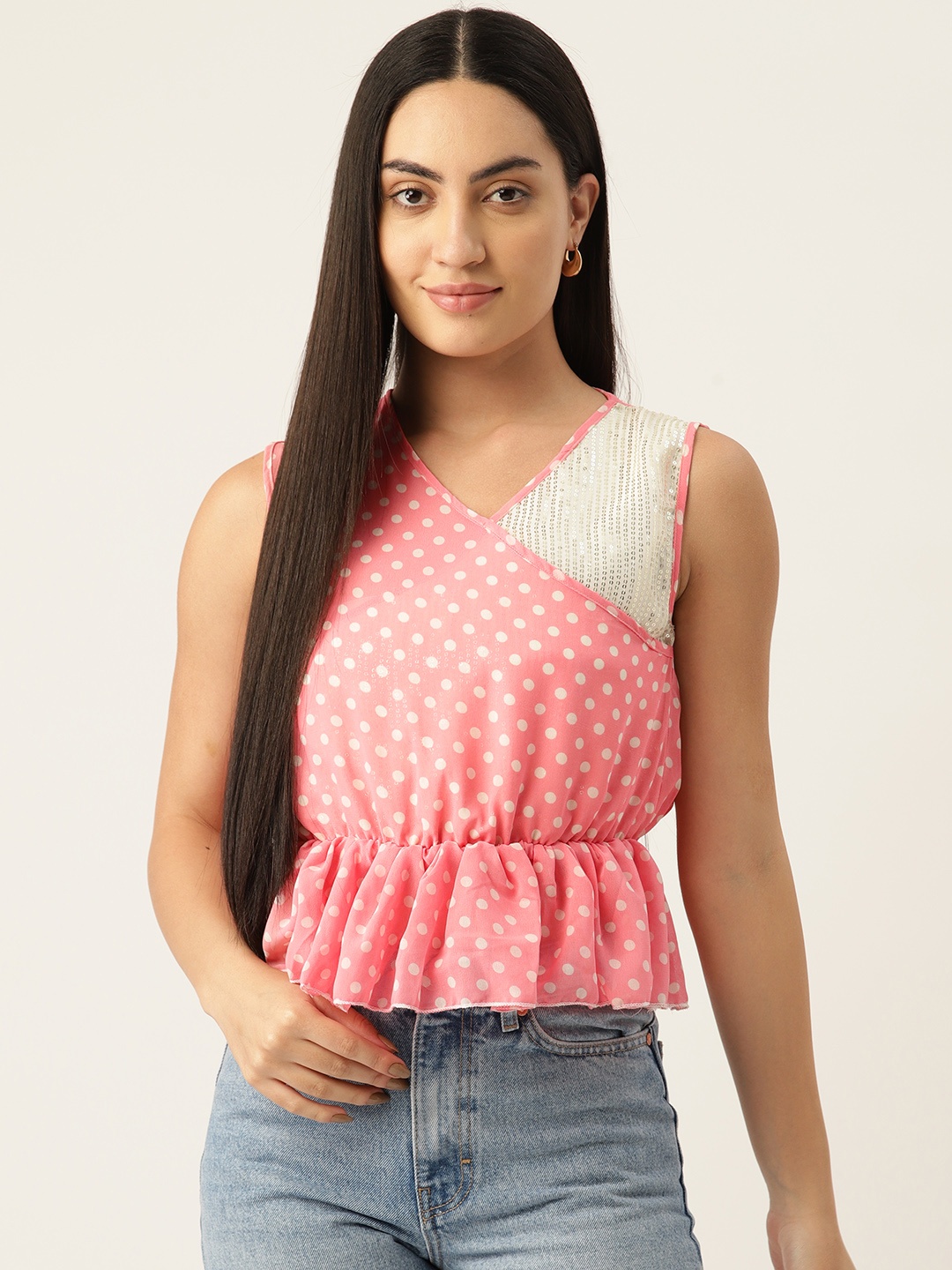 

Belle Fille Polka Dot Print Georgette Peplum Crop Top With Sequinned Detail, Pink