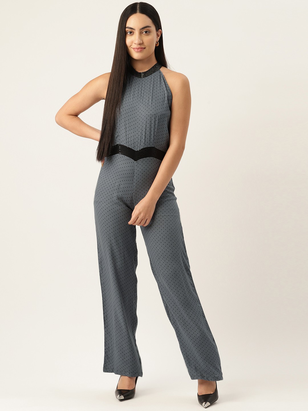 

Belle Fille Blue & Black Halter Neck Printed Basic Jumpsuit