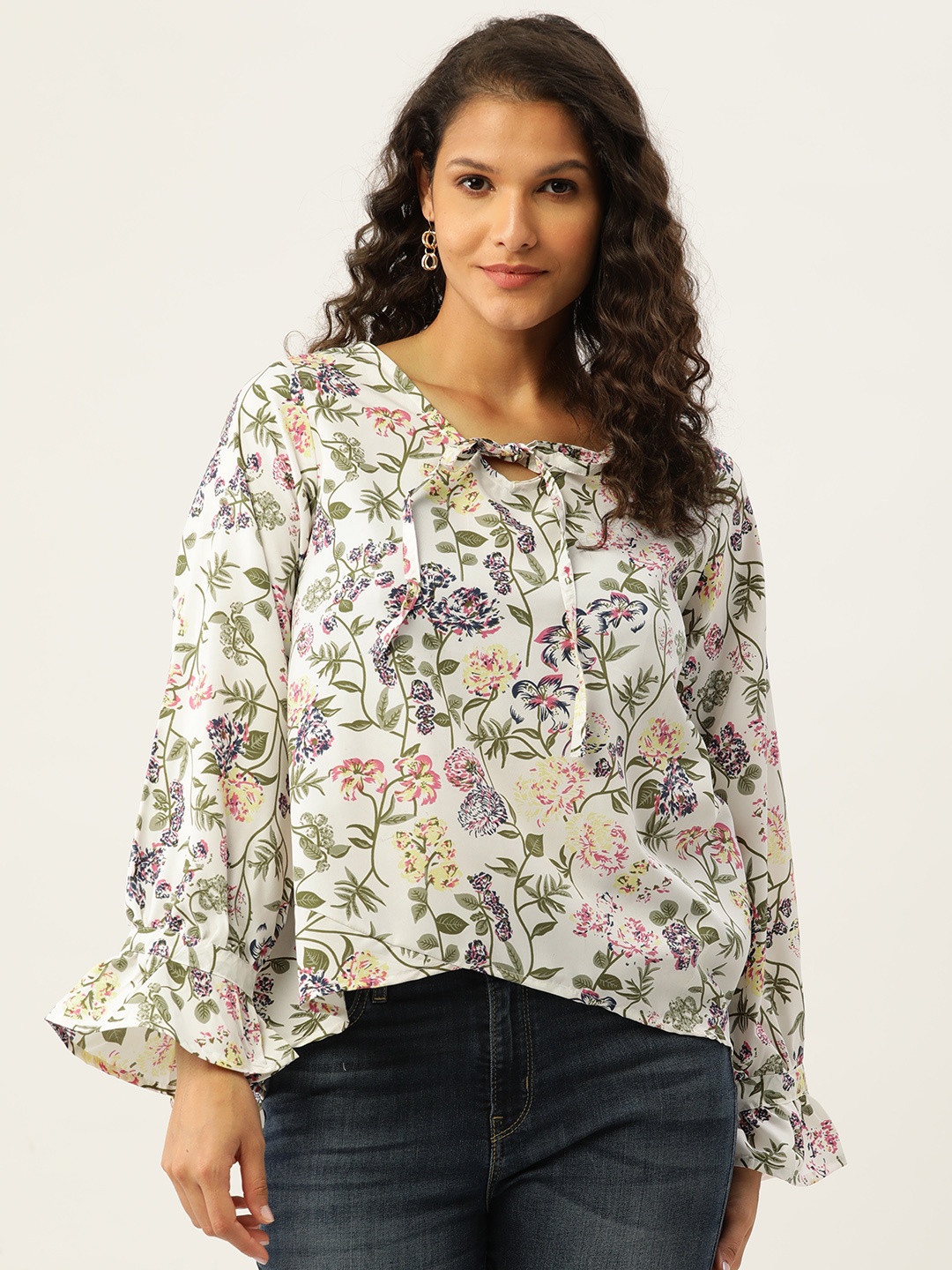 

Belle Fille White Floral Print Crepe Top