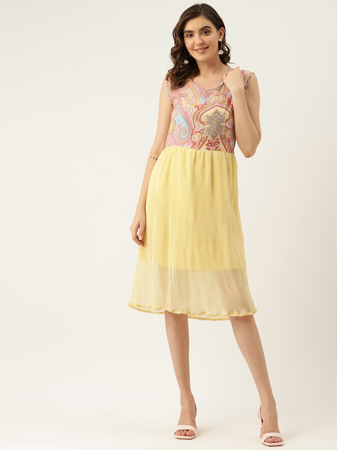 

Belle Fille Ethnic Motifs Print Scuba A-Line Midi Dress, Yellow