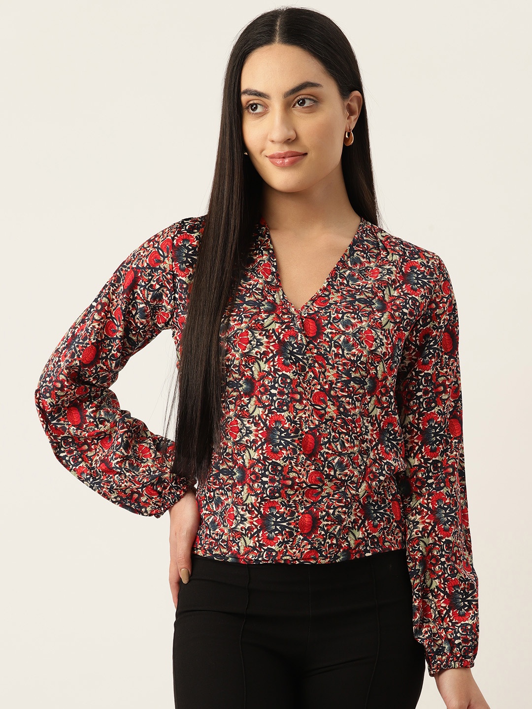 

Belle Fille Floral Print Puff Sleeves Wrap Top, Navy blue