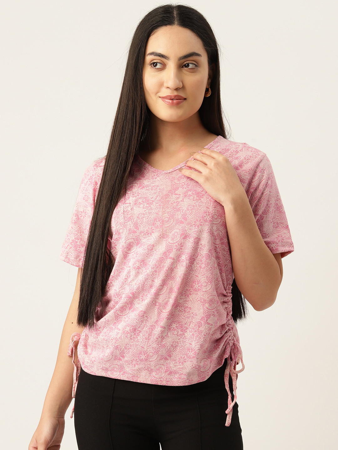 

Belle Fille Floral Print Top With Tie-Up Detail, Pink