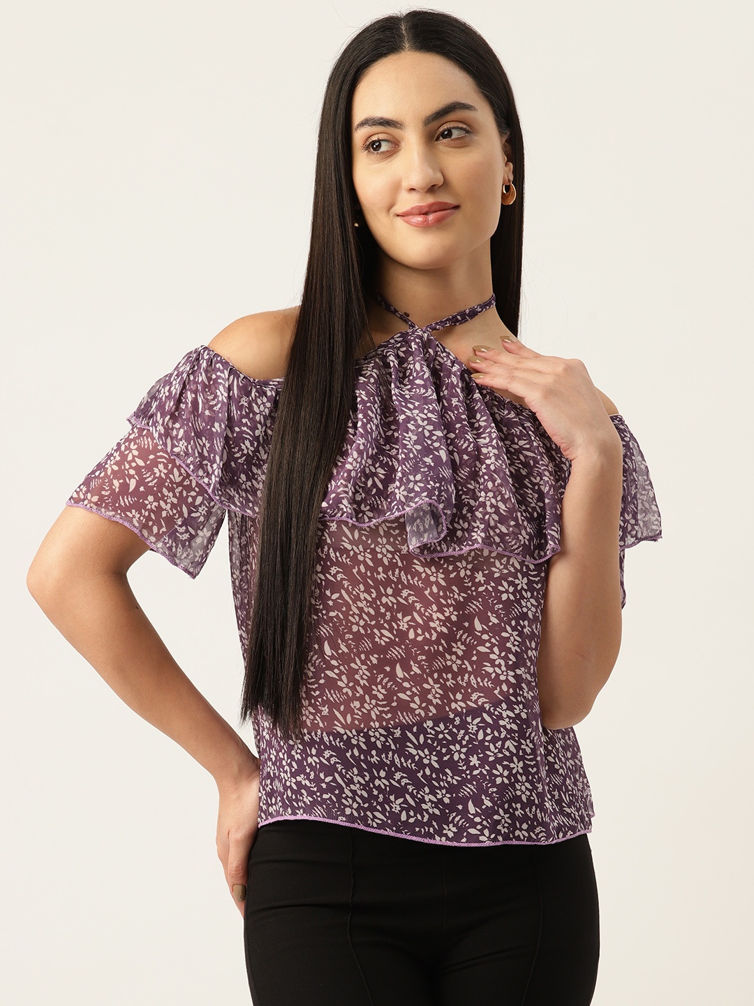 

Belle Fille Floral Print Halter Neck Flared Sleeves Ruffles Georgette Bardot Top, Purple