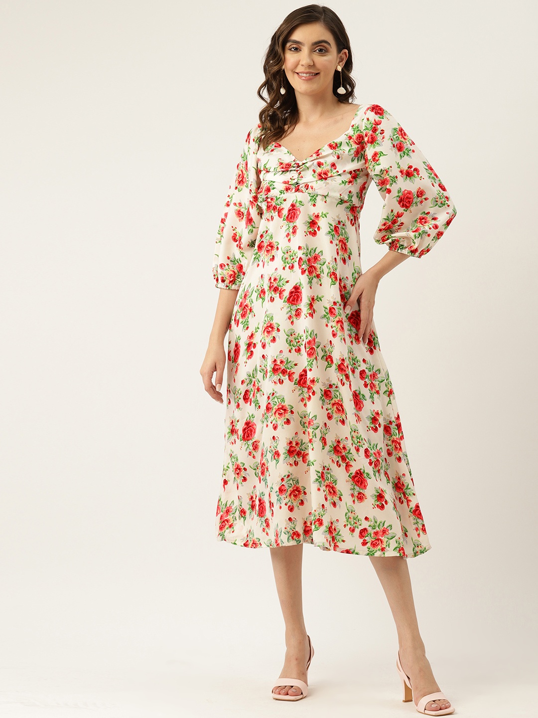 

Belle Fille Floral Print Puff Sleeve Crepe A-Line Midi Dress, White