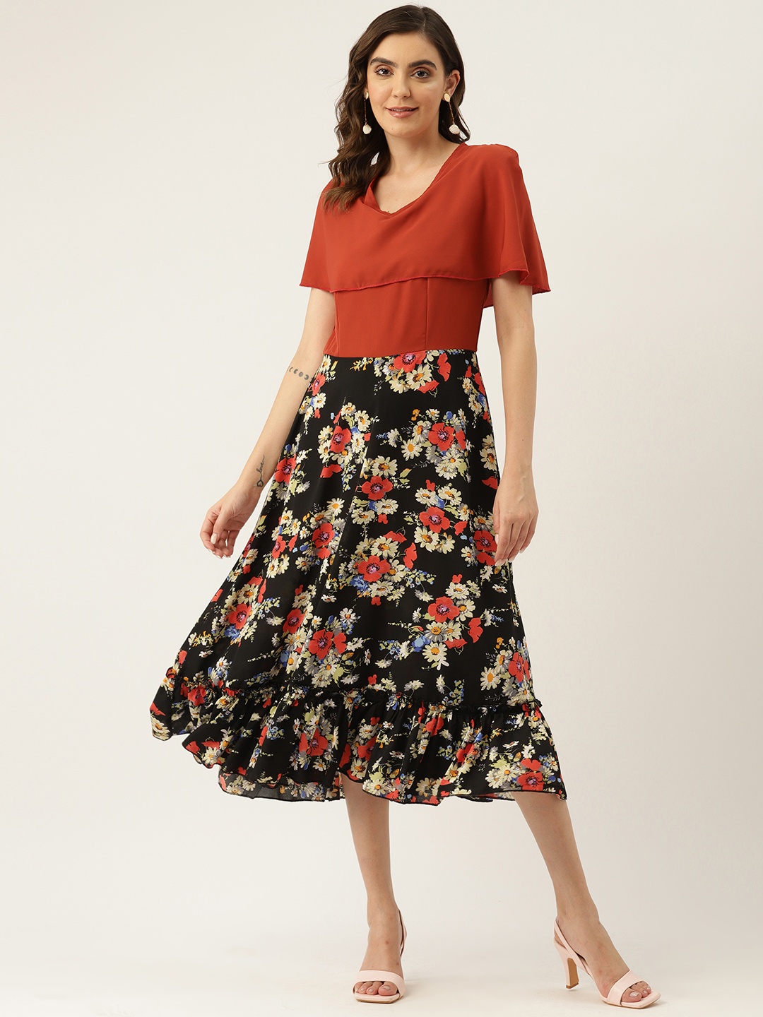 

Belle Fille Floral Print Flared Sleeve Layered Crepe A-Line Midi Dress, Black