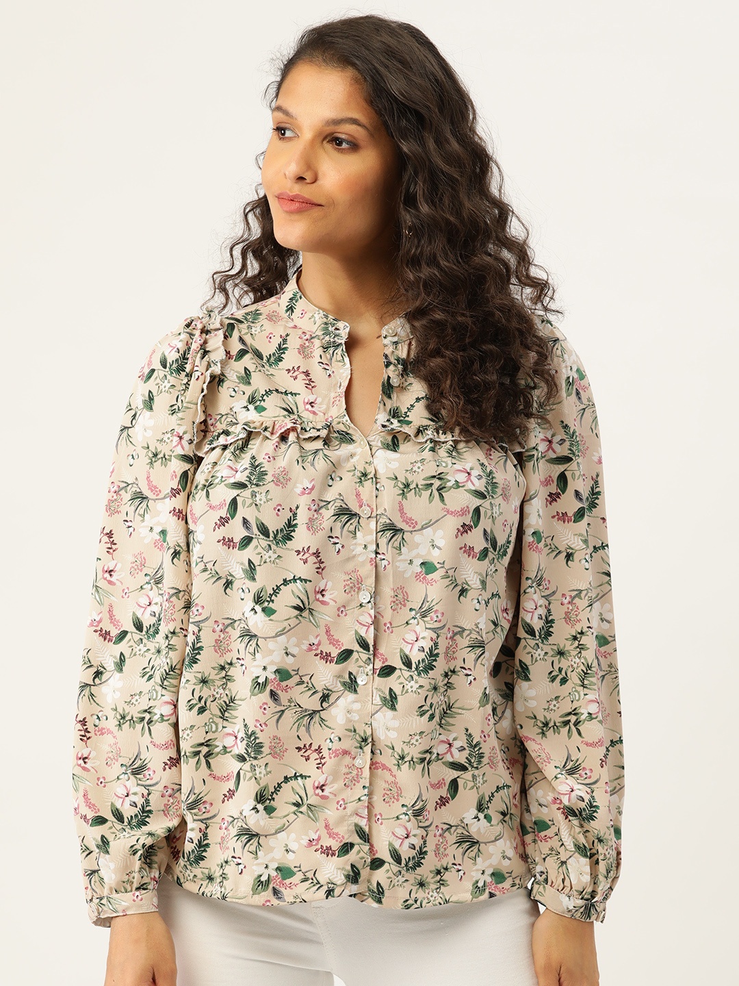 

Belle Fille Beige Floral Print Puff Sleeve Crepe Top
