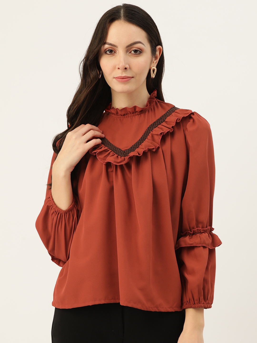 

Belle Fille Bell Sleeve Ruffle Detail Top, Rust