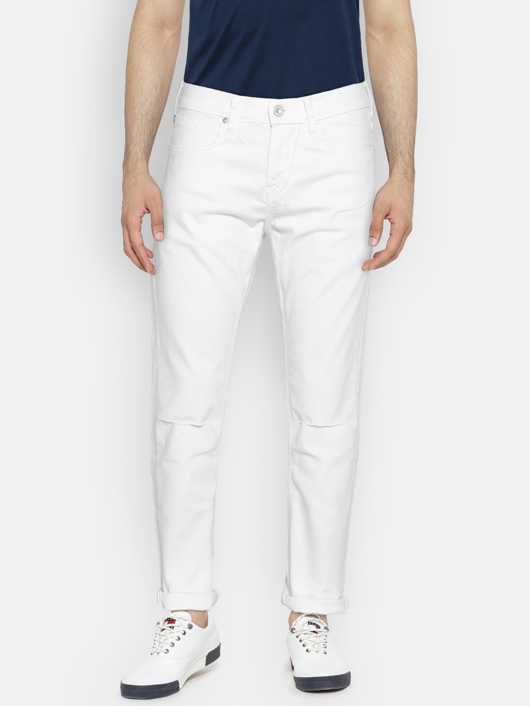 

French Connection Men White Slim Straight Fit Mid-Rise Slash Knee Stretchable Jeans