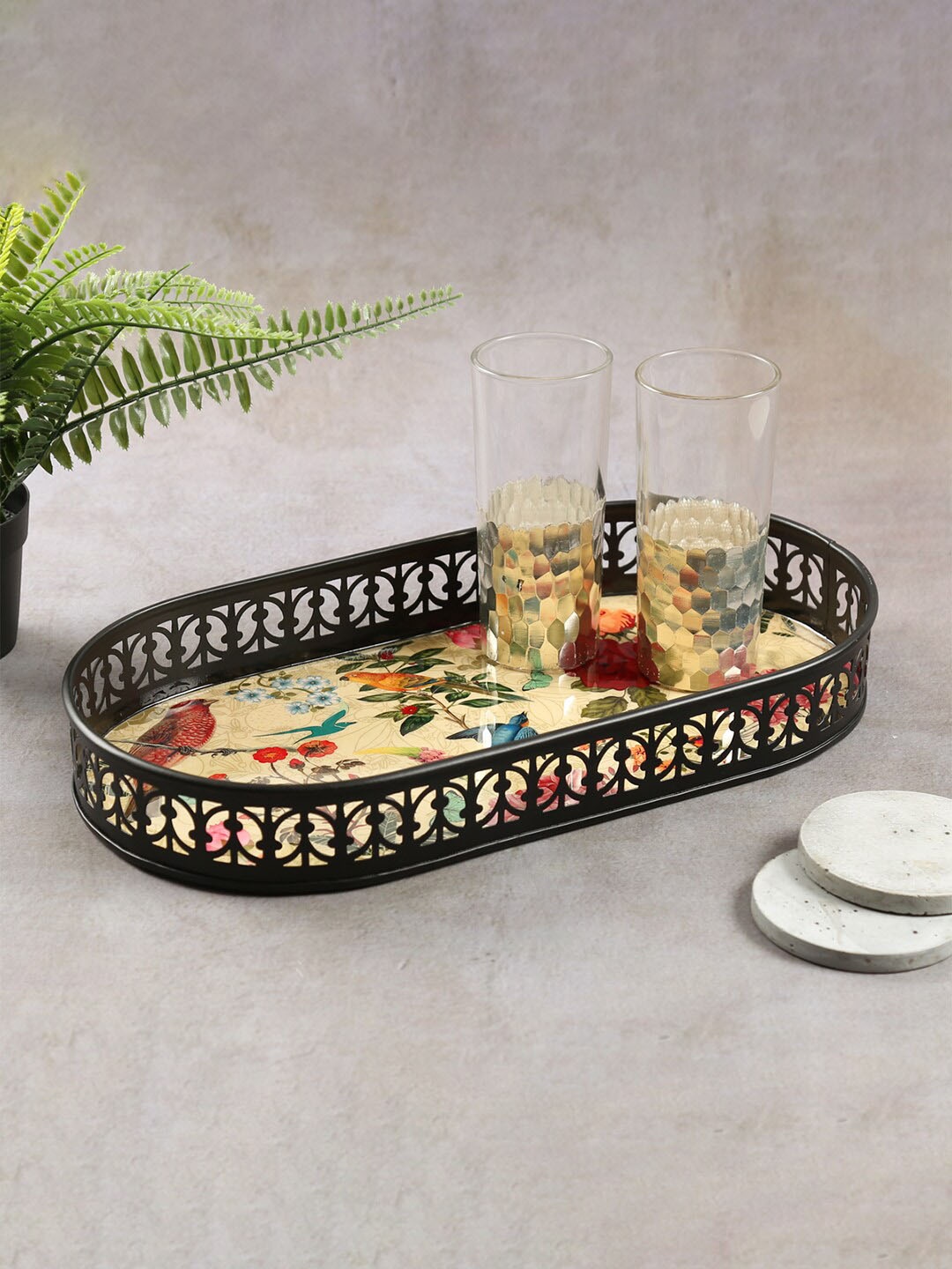 

India Circus by Krsnaa Mehta Black Bird Land Printed Oval Serving Tray, Cream