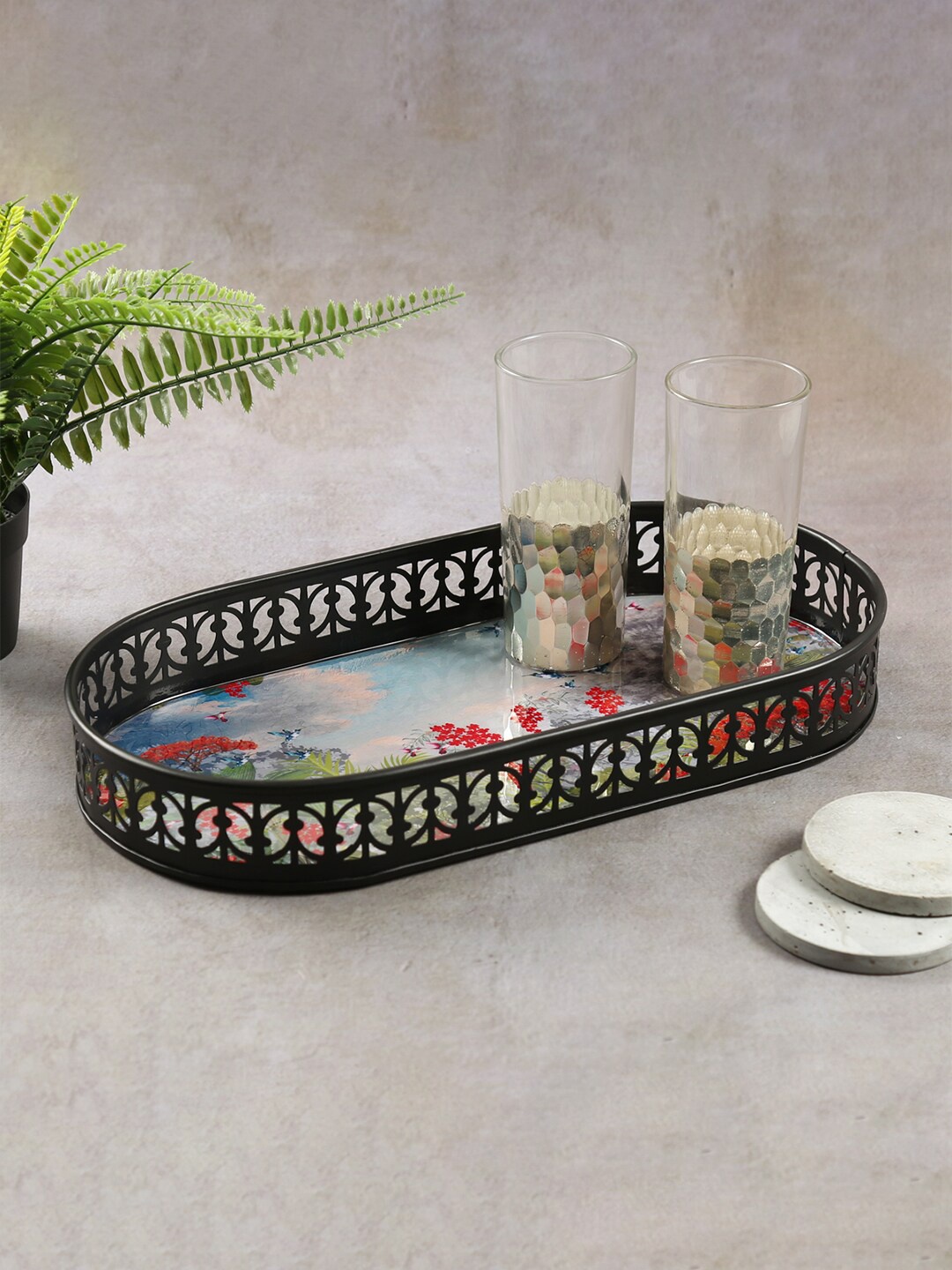 

India Circus by Krsnaa Mehta Black & Green Tropical Printed Oval Iron Serving Tray