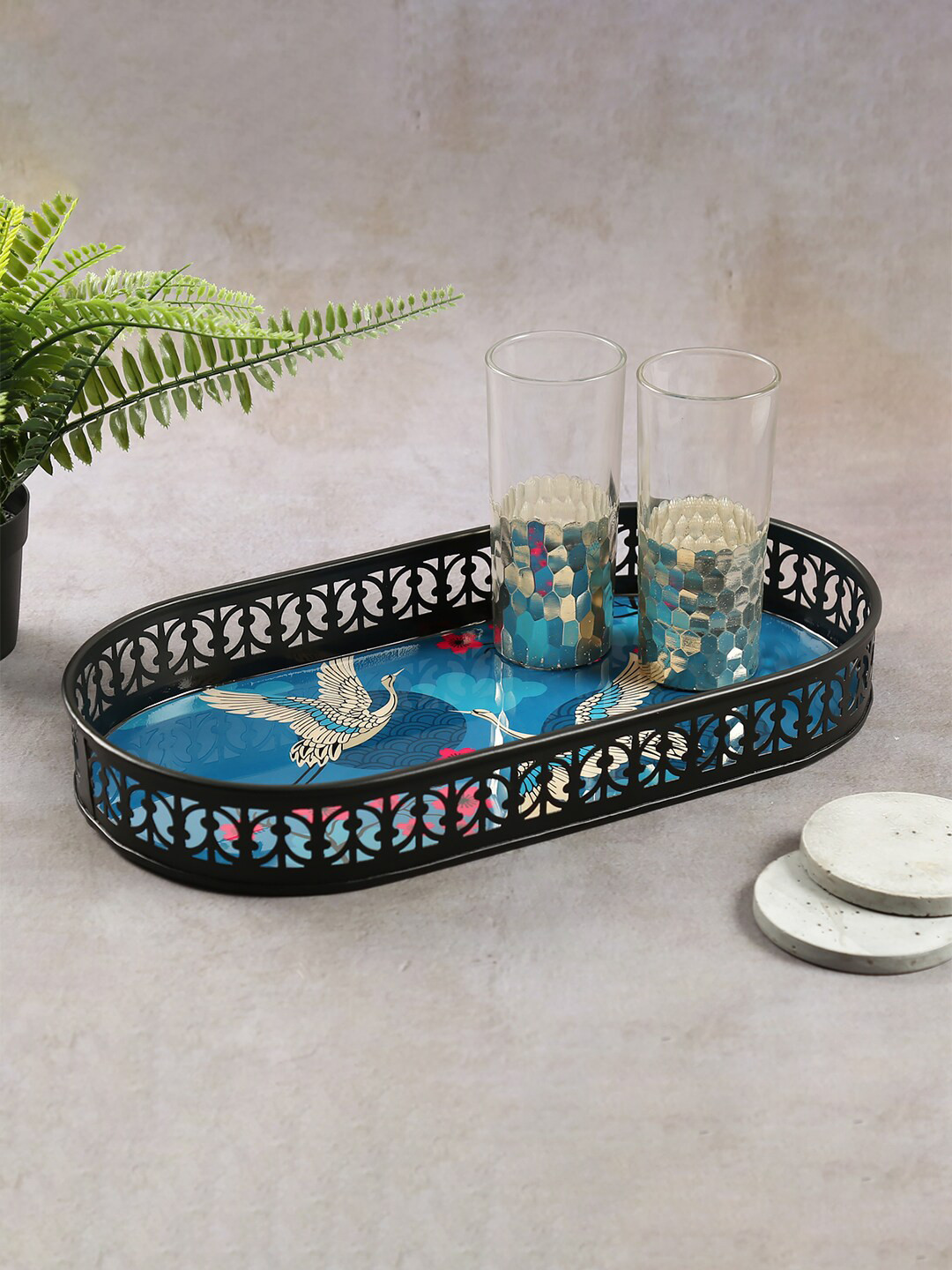 

India Circus by Krsnaa Mehta Black & Blue Aerial Moments Printed Oval Iron Serving Tray